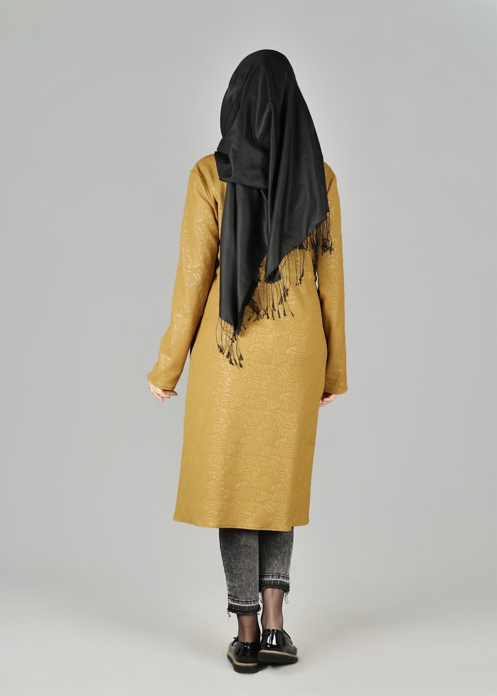 Tesettür giyim YEŞİL BELİ BÜZGÜLÜ DESENLİ CEKET 4053