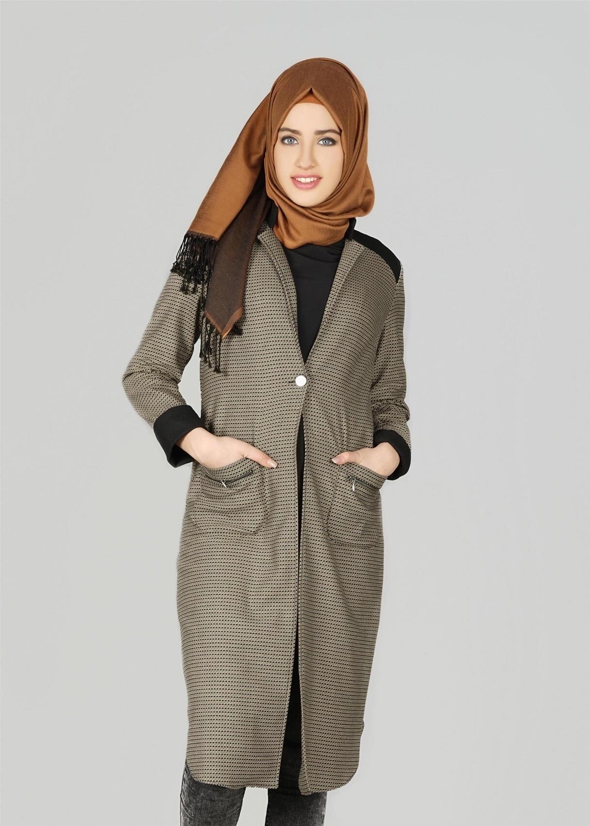 Tesettür giyim KAHVE CEP DETAYLI CEKET 4057