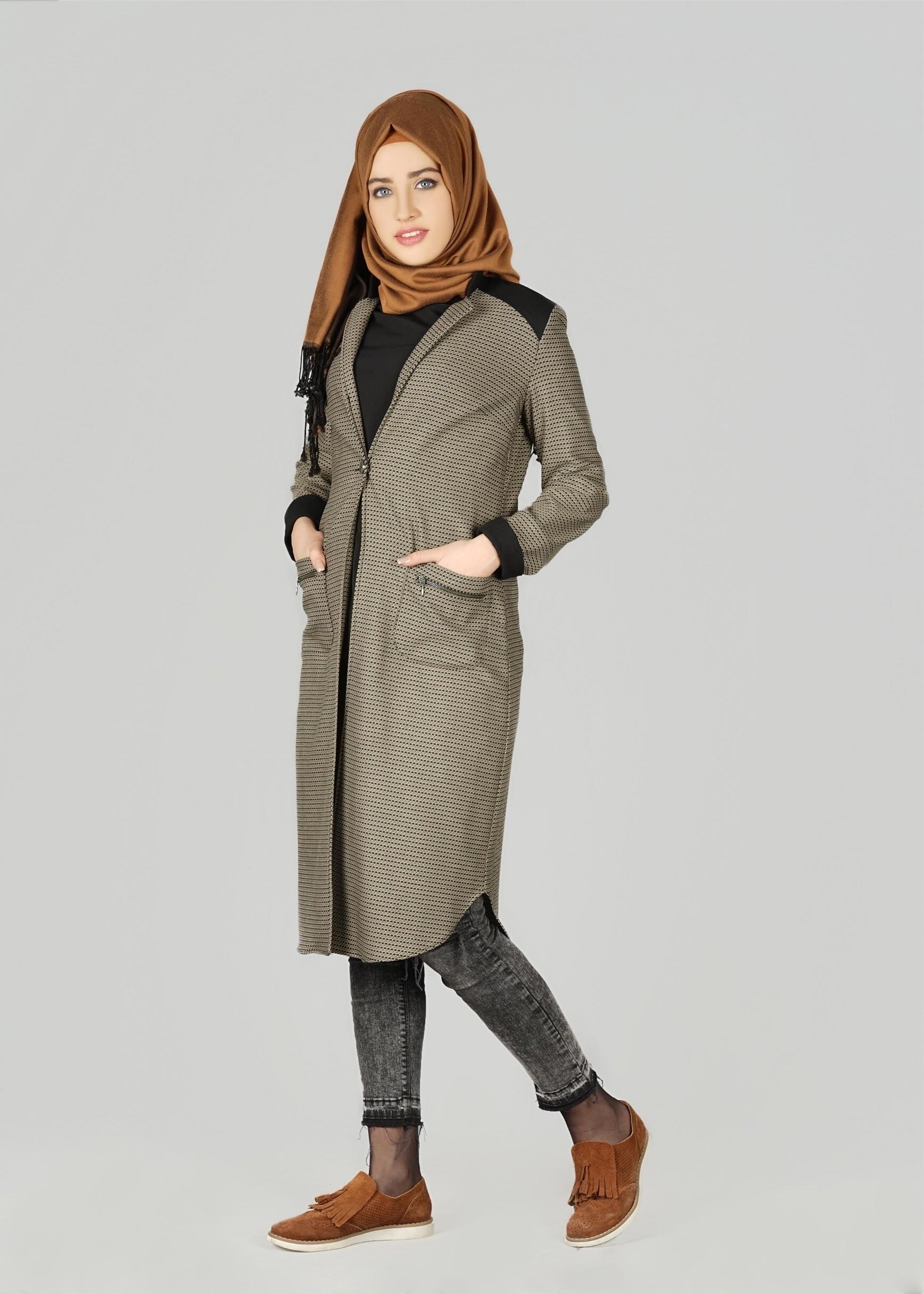 Tesettür giyim KAHVE CEP DETAYLI CEKET 4057