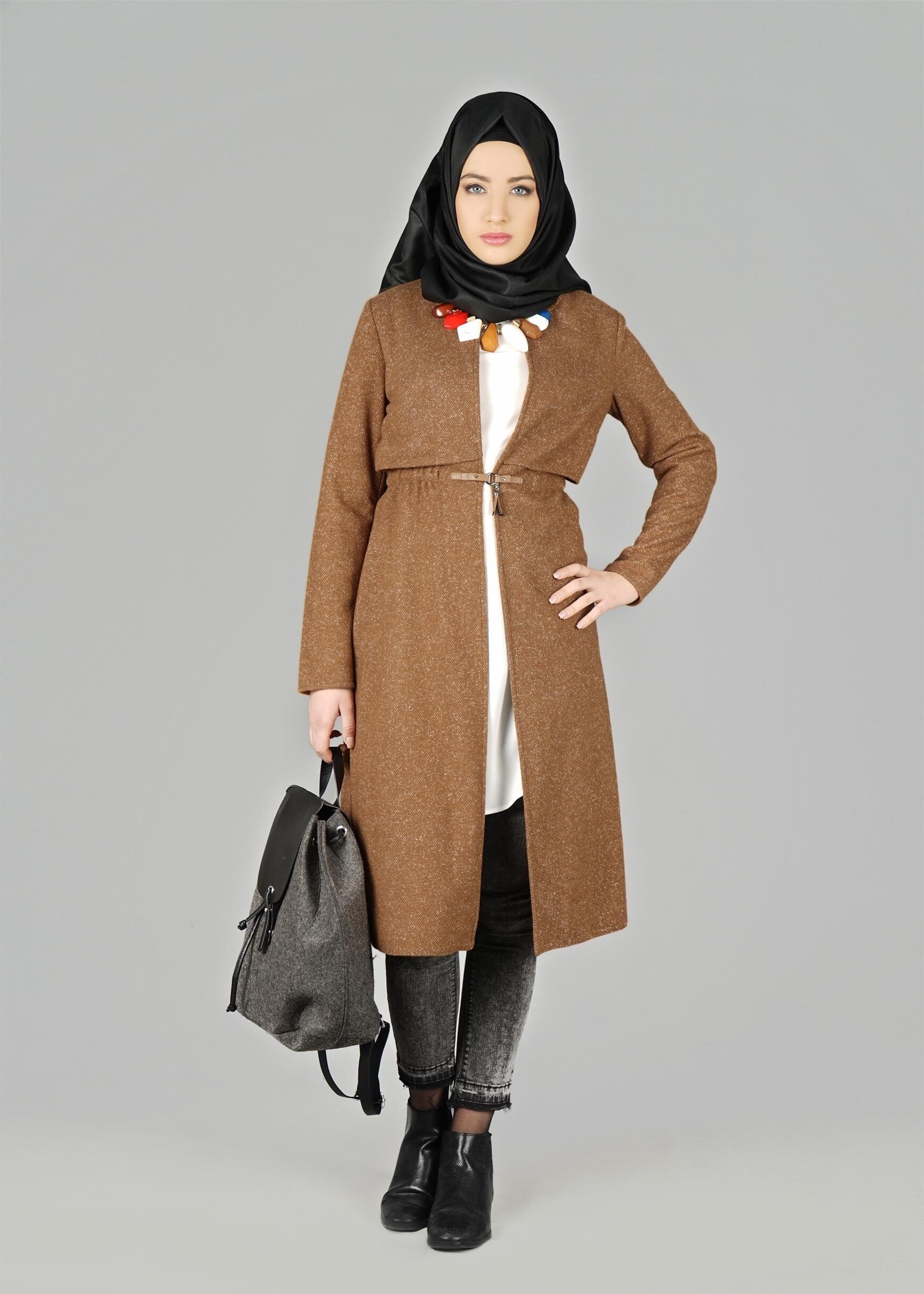 Tesettür giyim KAHVE BELİ BÜZGÜLÜ CEKET 4064