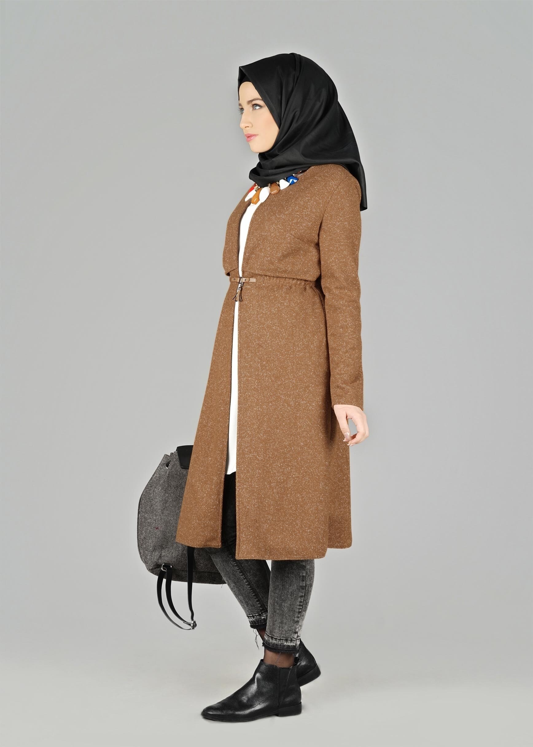 Tesettür giyim KAHVE BELİ BÜZGÜLÜ CEKET 4064
