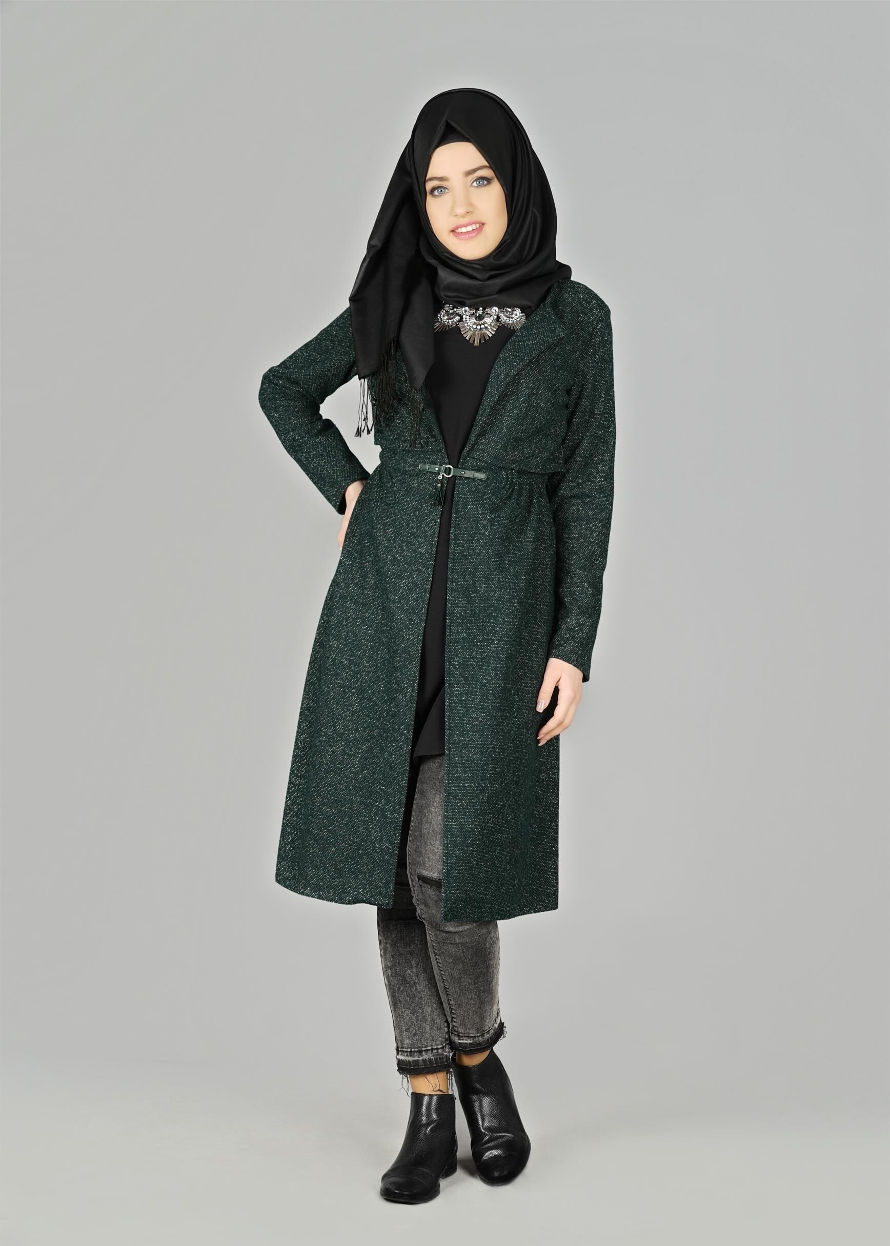 Tesettür giyim YEŞİL BELİ BÜZGÜLÜ CEKET 4064