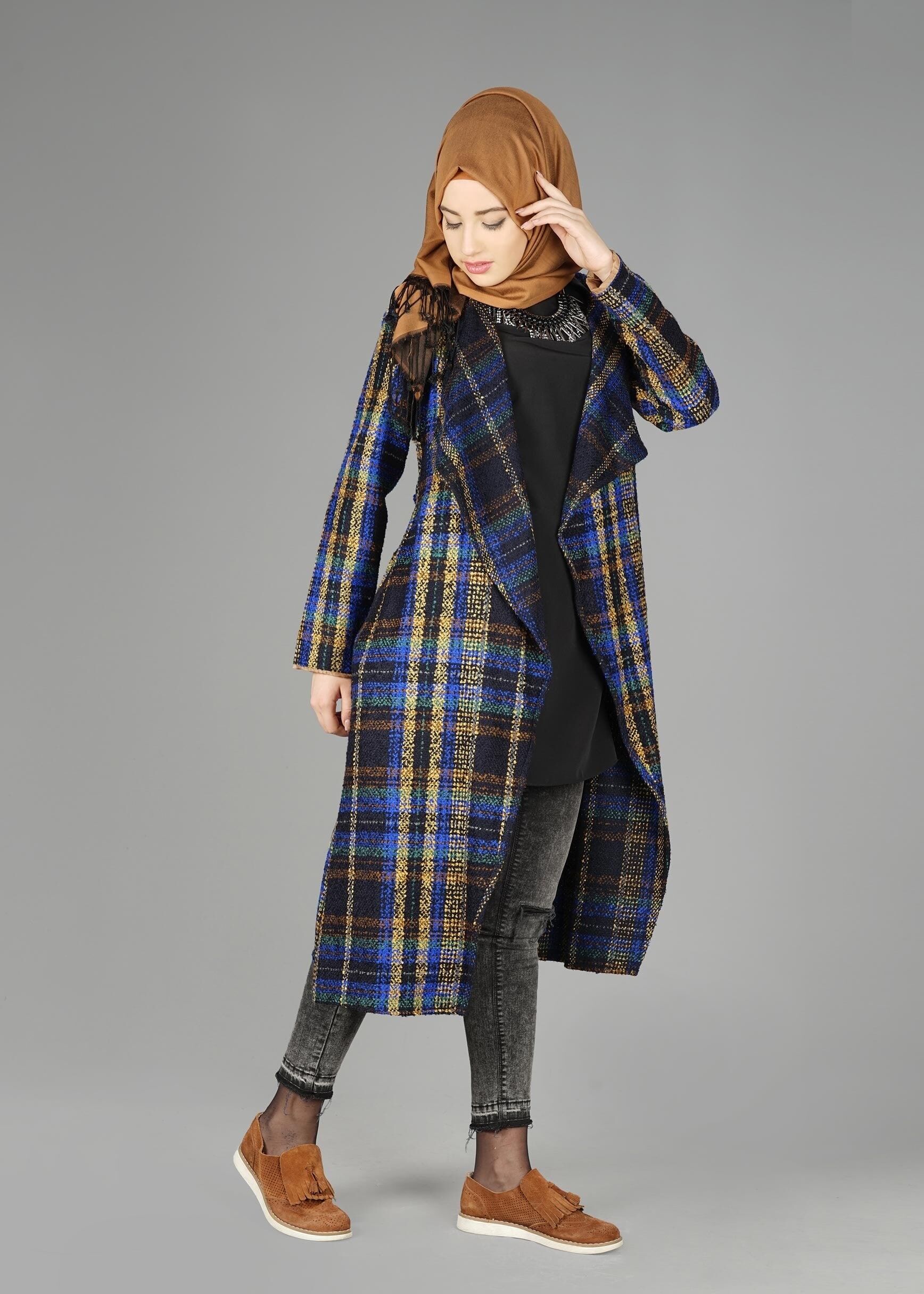 Tesettür giyim LACİVERT EKOSE DESENLİ CEKET 4711