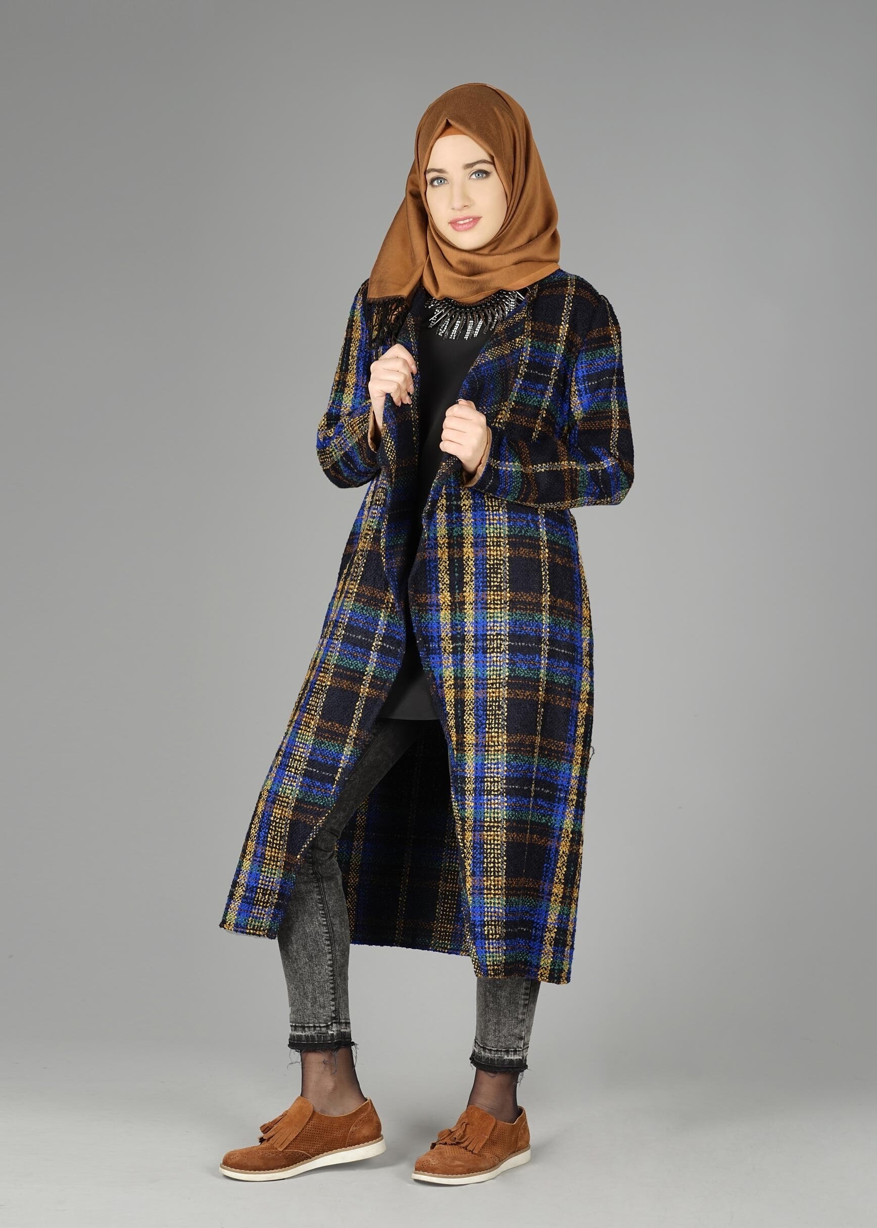 Tesettür giyim LACİVERT EKOSE DESENLİ CEKET 4711