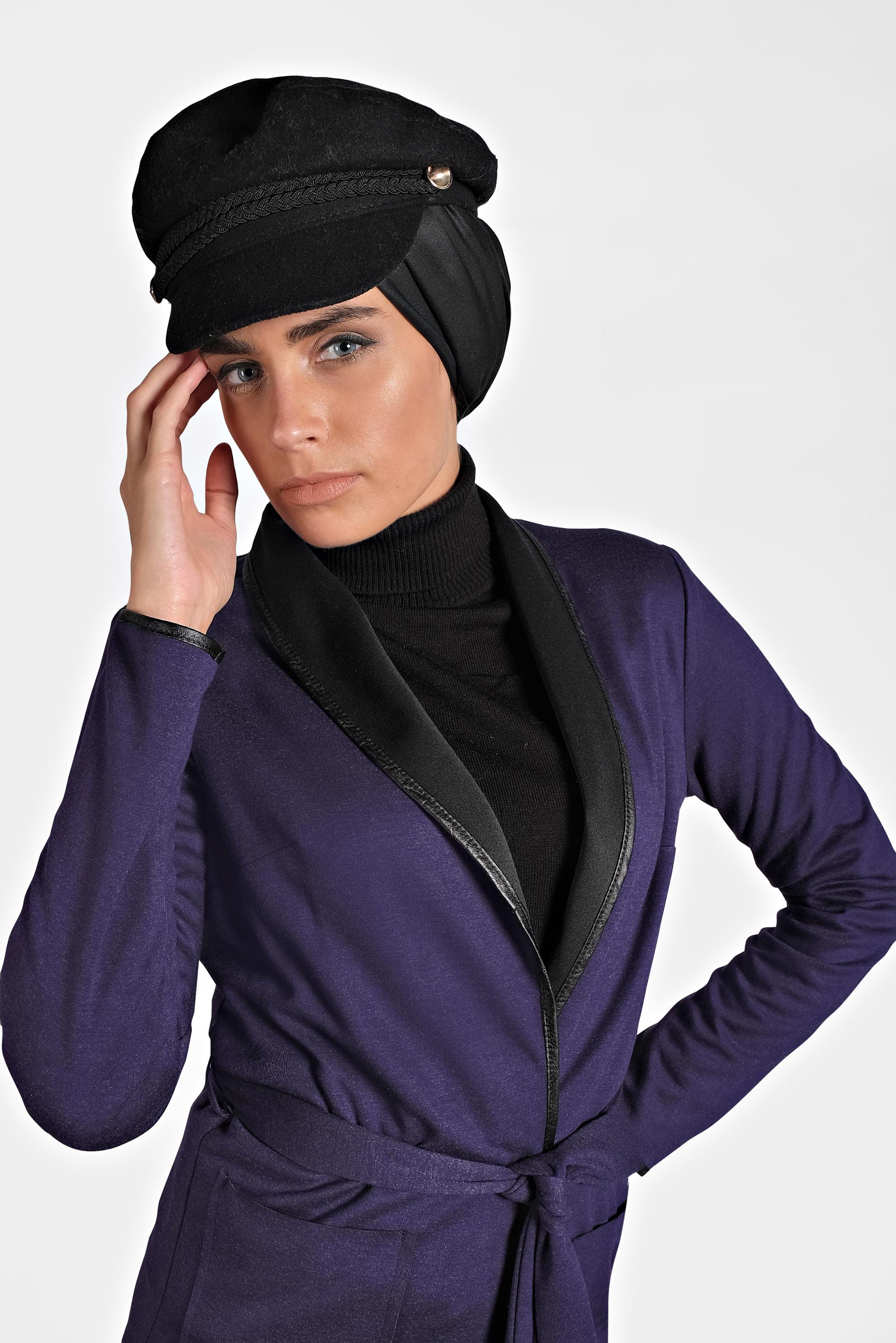 Tesettür giyim MOR BELİ KUŞAKLI DERİ BİYE DETAYLI CEKET 4754 