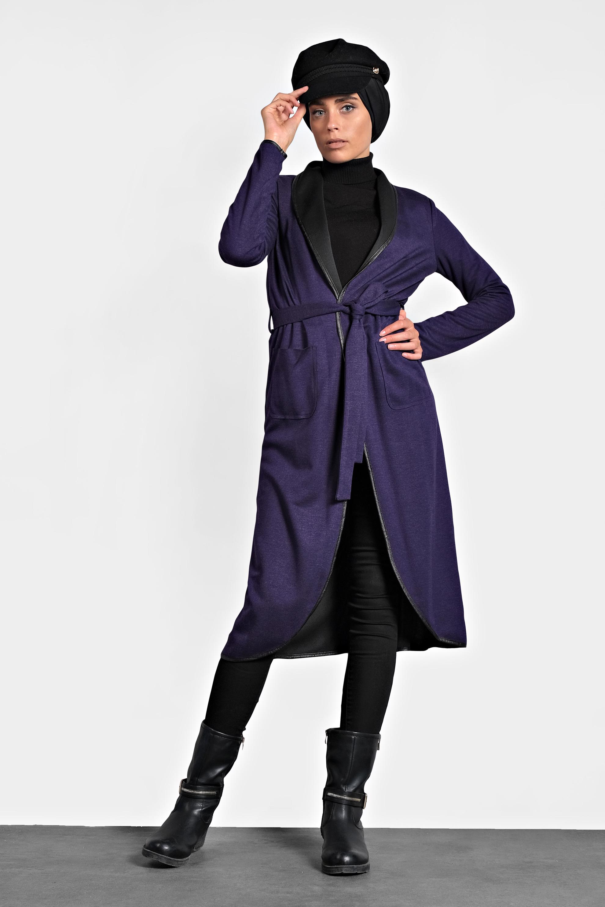 Tesettür giyim MOR BELİ KUŞAKLI DERİ BİYE DETAYLI CEKET 4754 