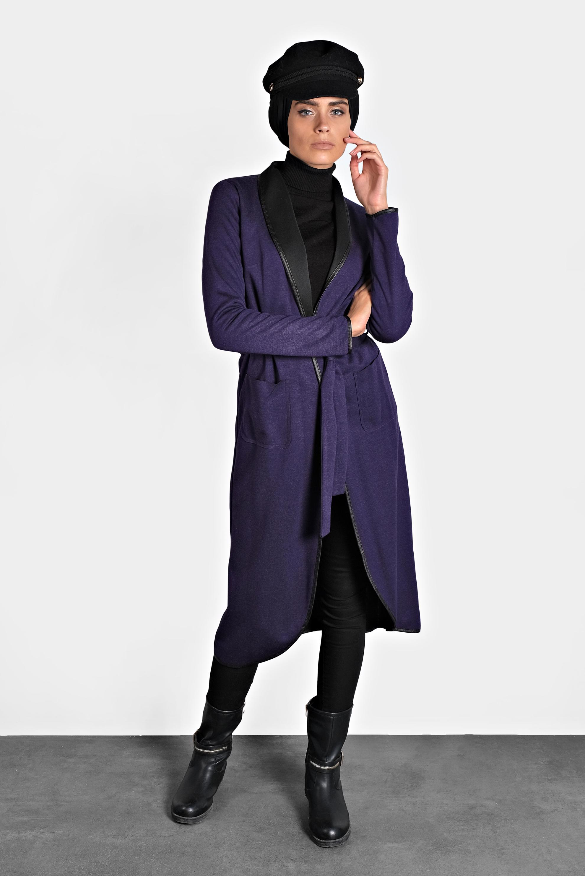 Tesettür giyim MOR BELİ KUŞAKLI DERİ BİYE DETAYLI CEKET 4754 