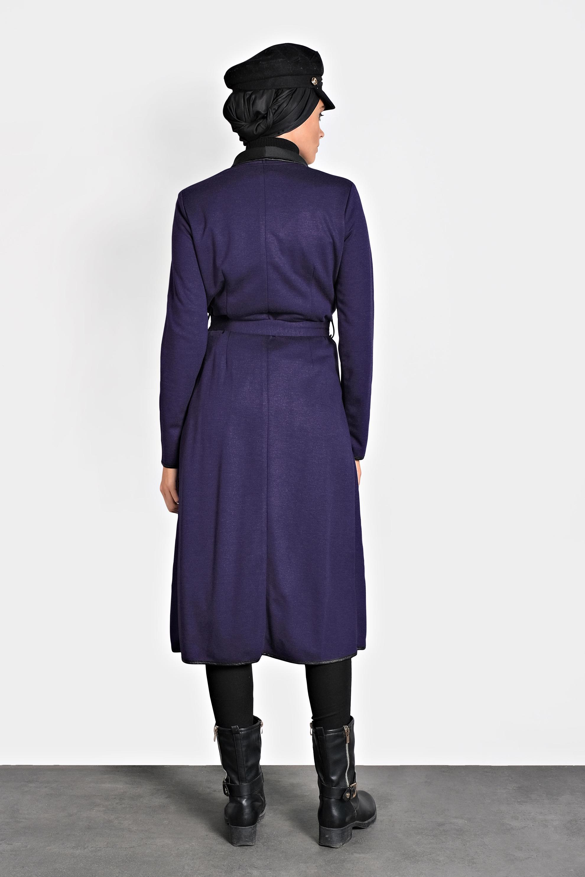 Tesettür giyim MOR BELİ KUŞAKLI DERİ BİYE DETAYLI CEKET 4754 