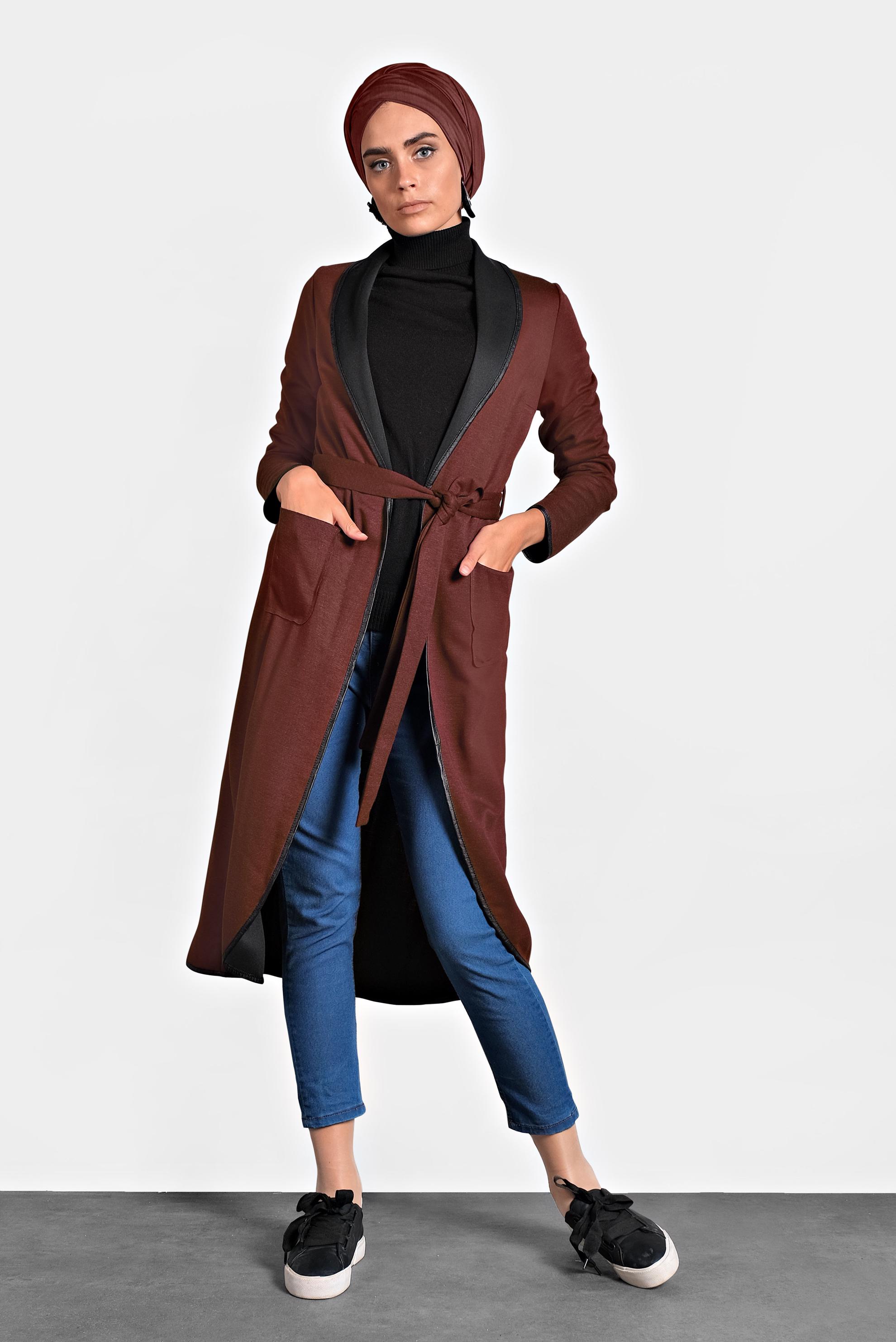 Tesettür giyim BORDO BELİ KUŞAKLI DERİ BİYE DETAYLI CEKET 4754 