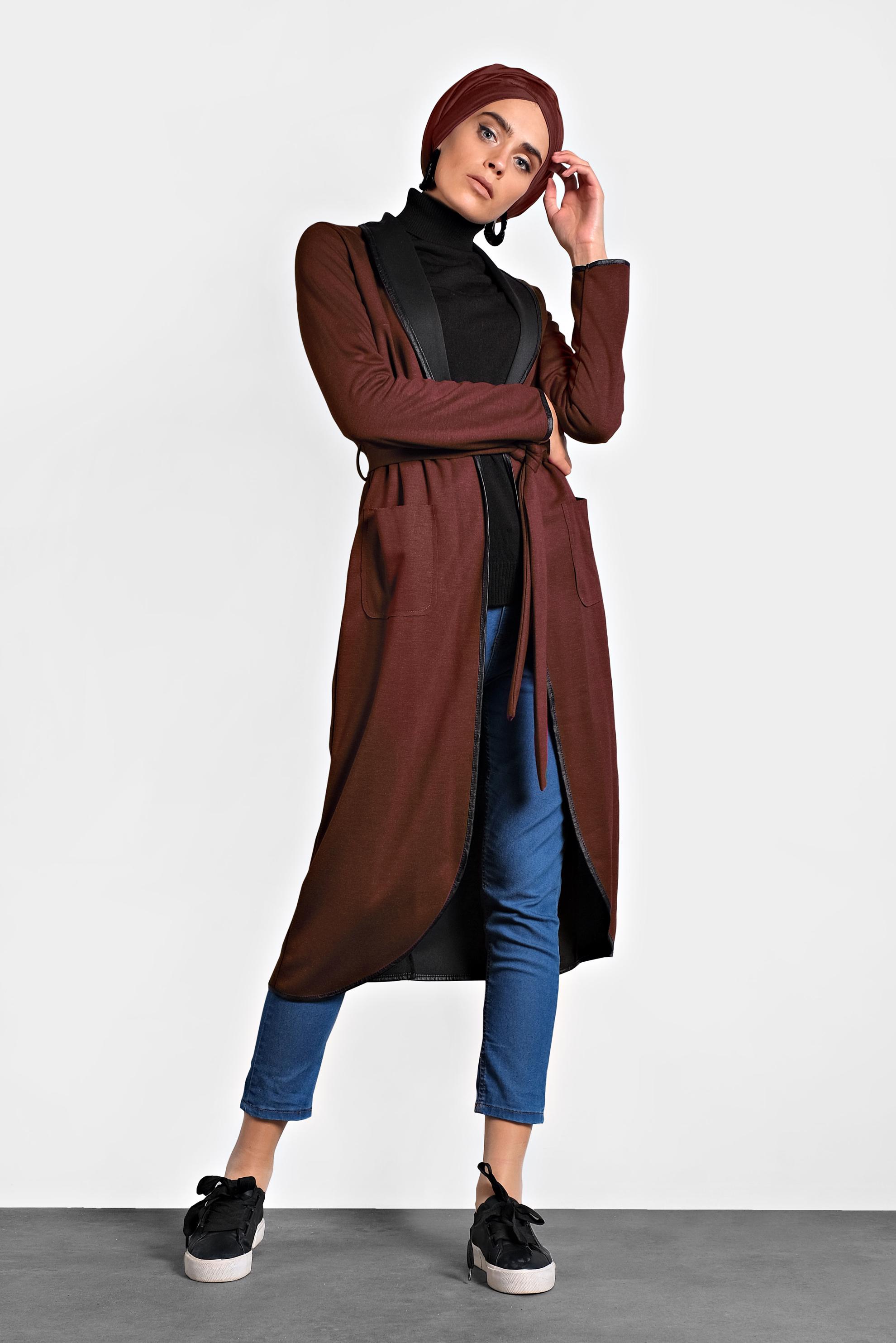 Tesettür giyim BORDO BELİ KUŞAKLI DERİ BİYE DETAYLI CEKET 4754 