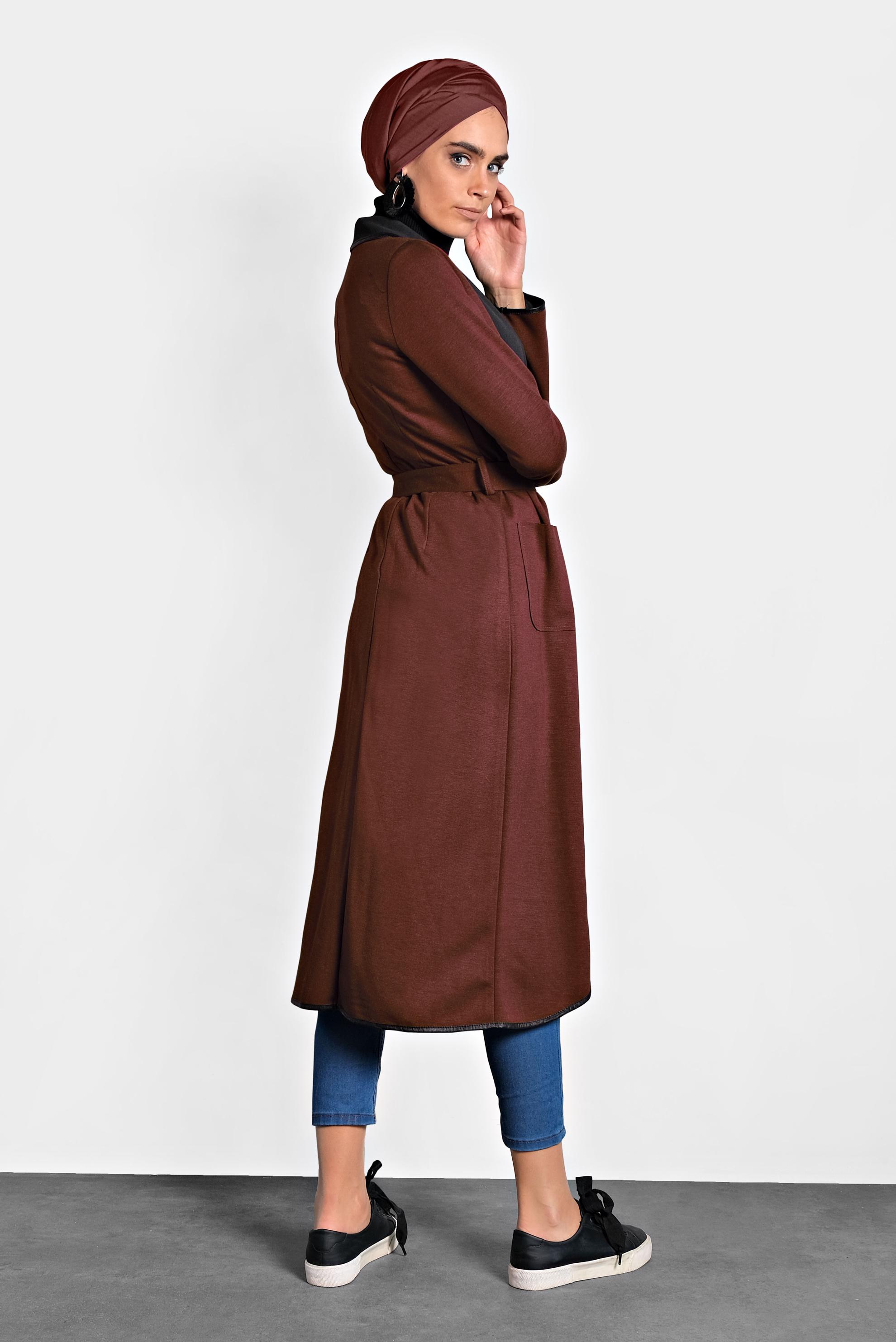 Tesettür giyim BORDO BELİ KUŞAKLI DERİ BİYE DETAYLI CEKET 4754 