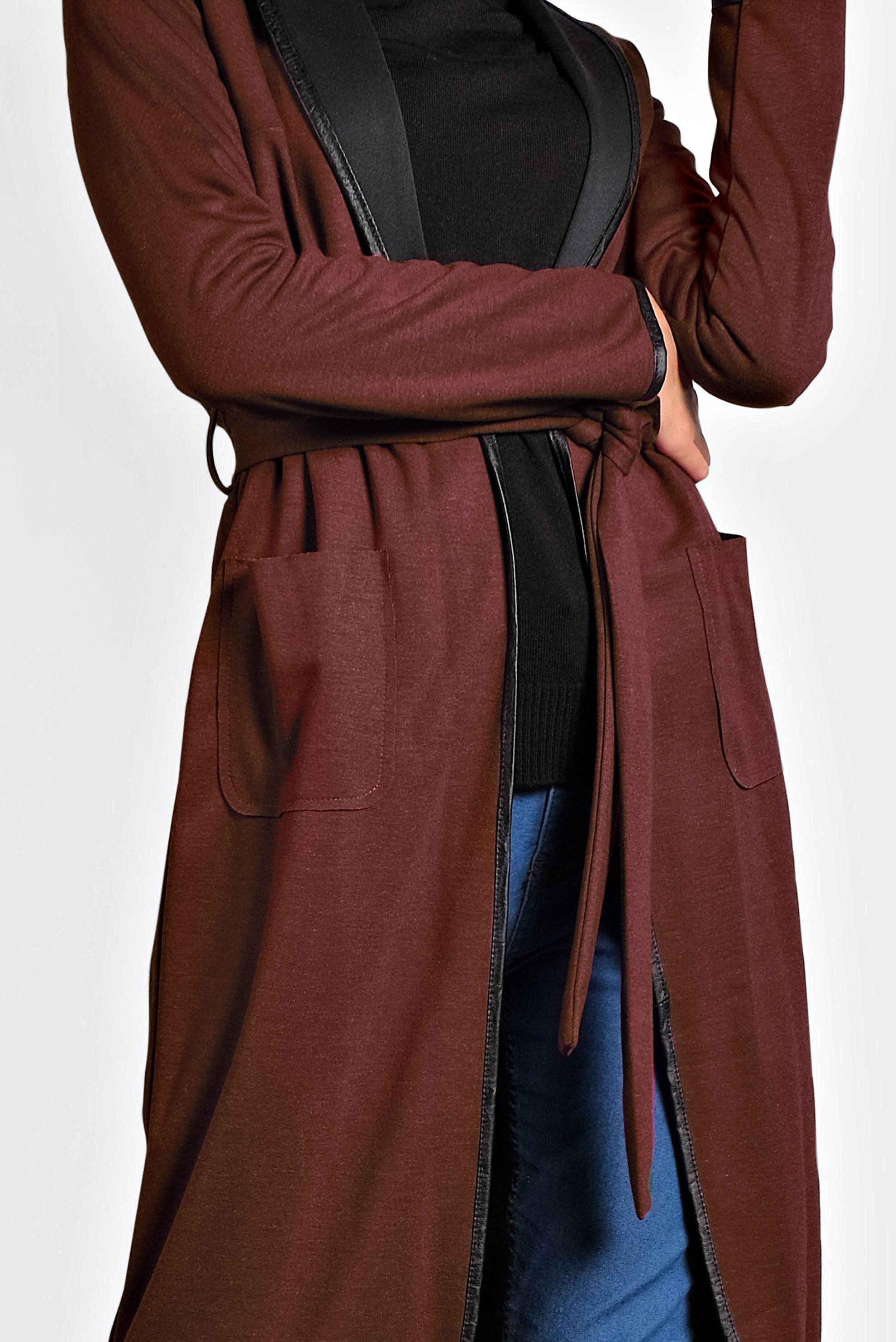 Tesettür giyim BORDO BELİ KUŞAKLI DERİ BİYE DETAYLI CEKET 4754 