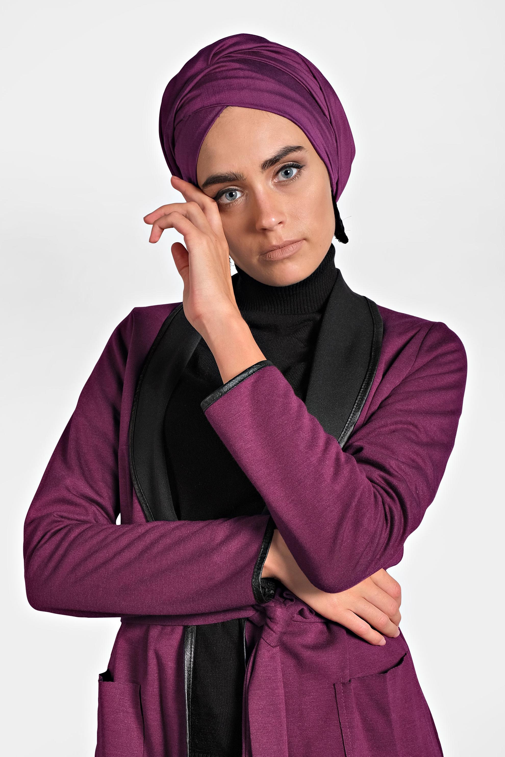 Tesettür giyim FUŞYA BELİ KUŞAKLI DERİ BİYE DETAYLI CEKET 4754 