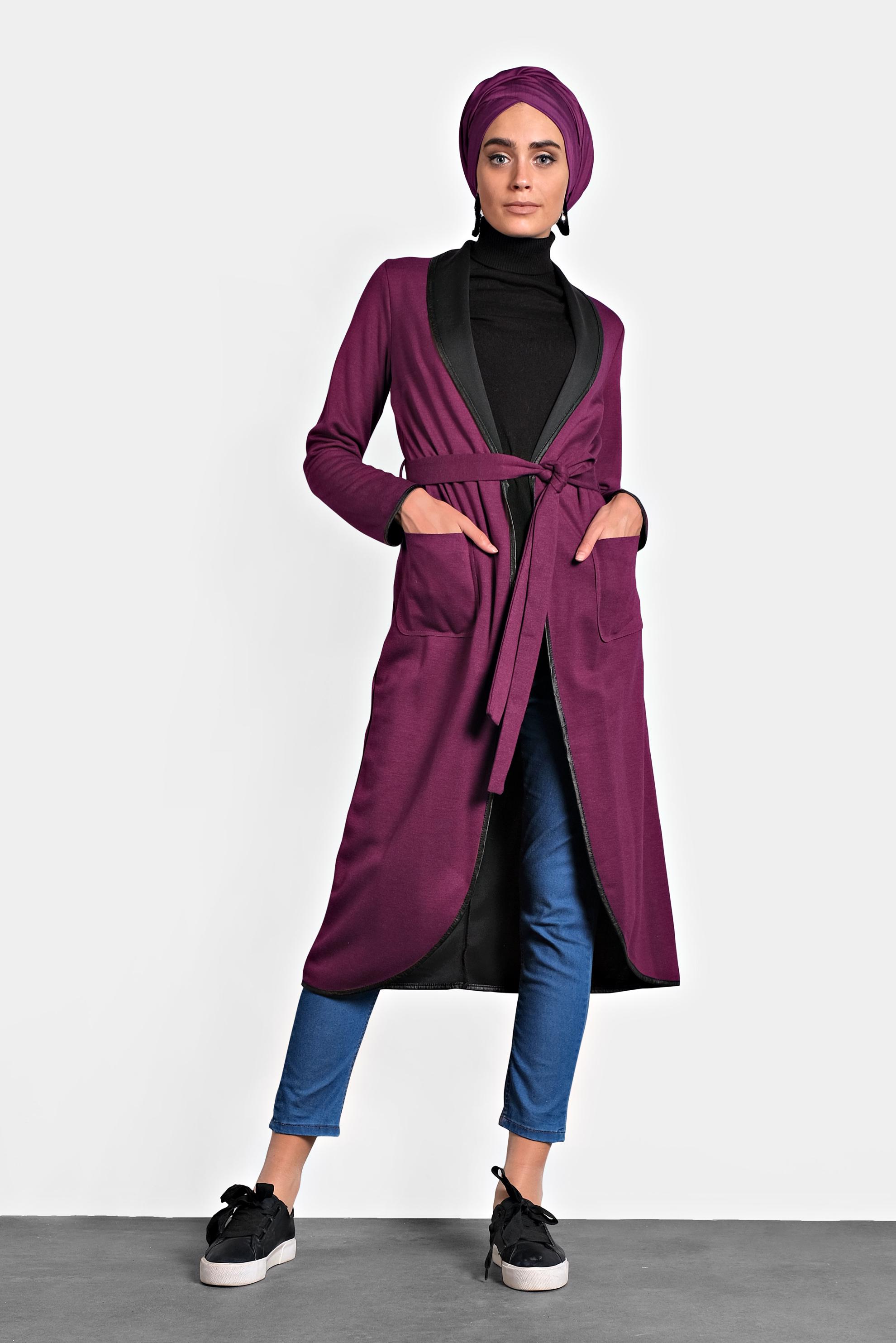 Tesettür giyim FUŞYA BELİ KUŞAKLI DERİ BİYE DETAYLI CEKET 4754 