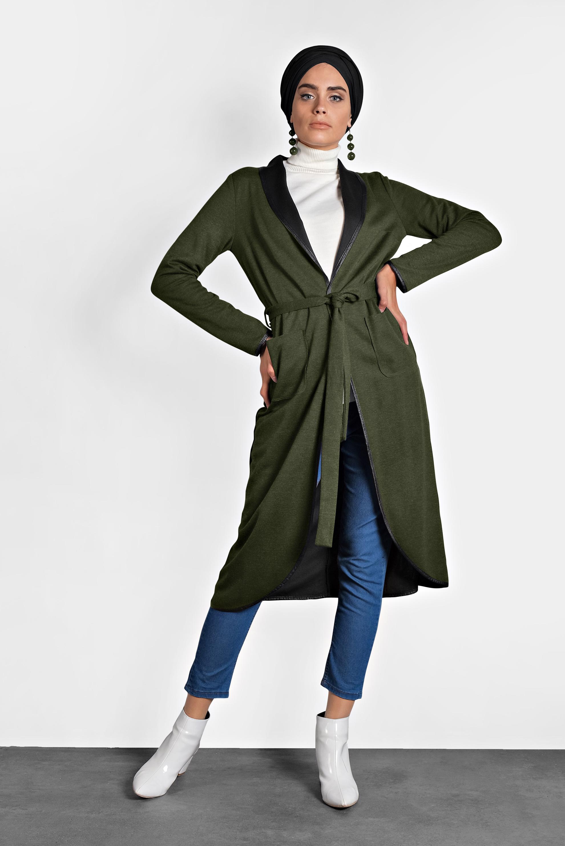 Tesettür giyim HAKİ BELİ KUŞAKLI DERİ BİYE DETAYLI CEKET 4754 