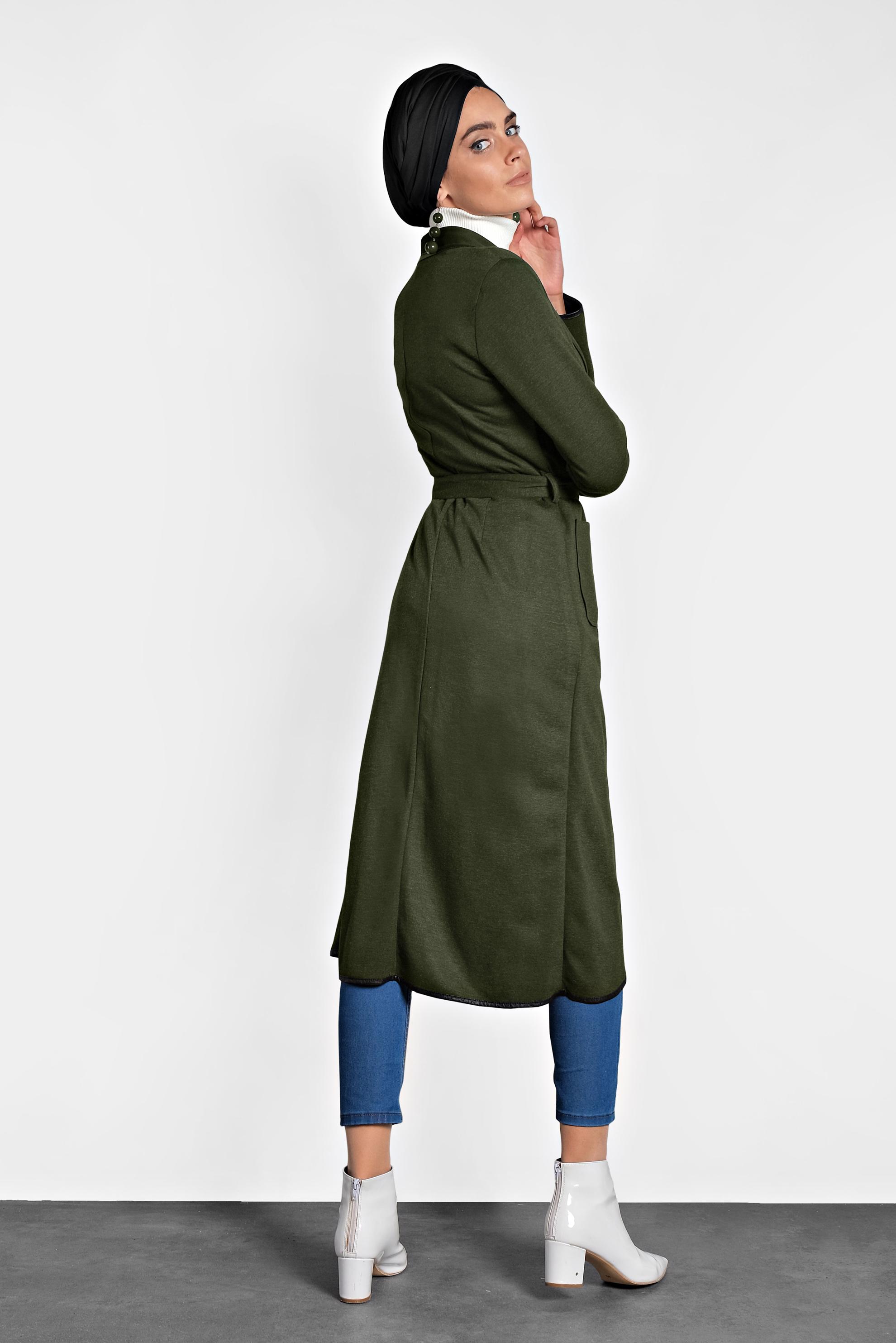 Tesettür giyim HAKİ BELİ KUŞAKLI DERİ BİYE DETAYLI CEKET 4754 