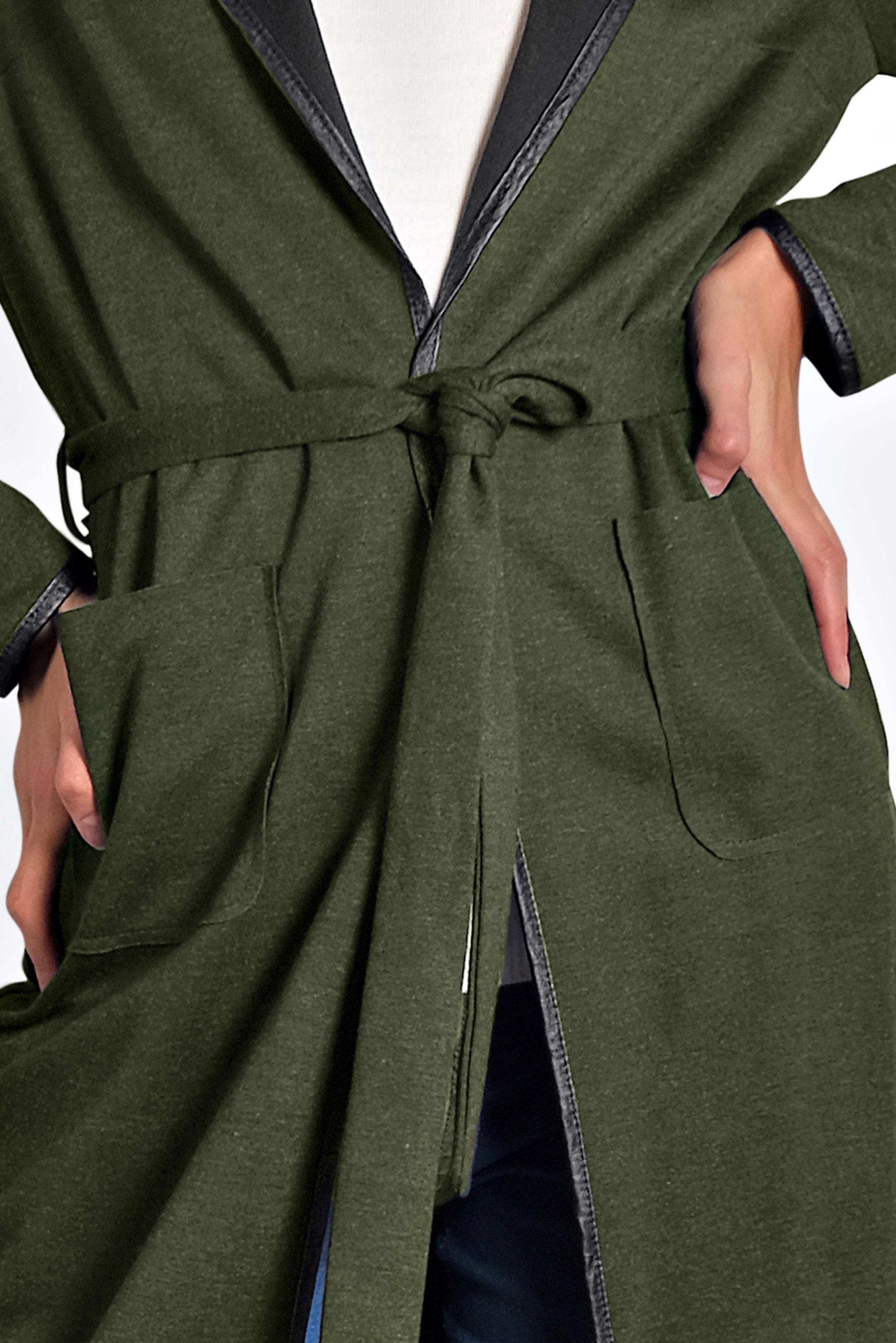 Tesettür giyim HAKİ BELİ KUŞAKLI DERİ BİYE DETAYLI CEKET 4754 