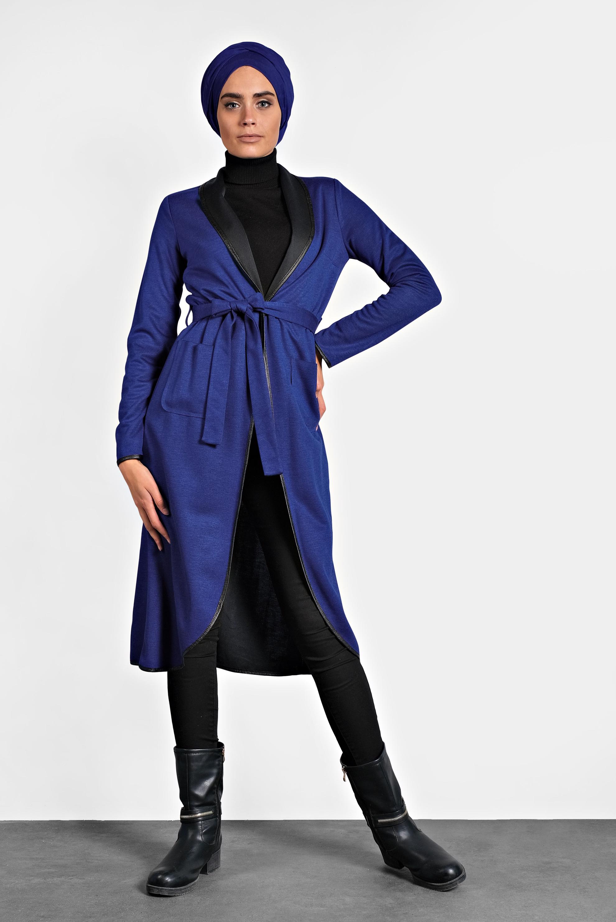 Tesettür giyim LACİVERT BELİ KUŞAKLI DERİ BİYE DETAYLI CEKET 4754 