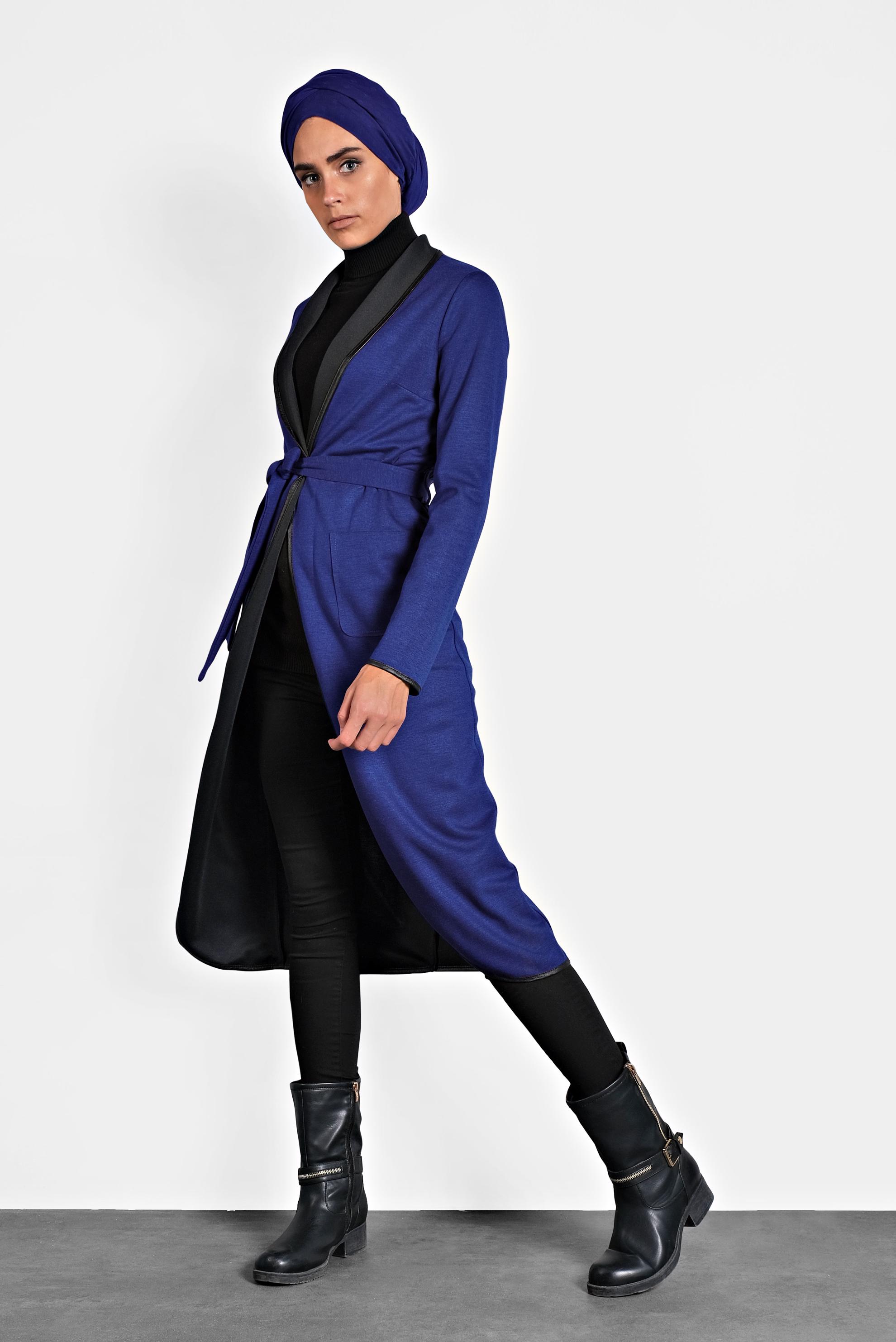 Tesettür giyim LACİVERT BELİ KUŞAKLI DERİ BİYE DETAYLI CEKET 4754 