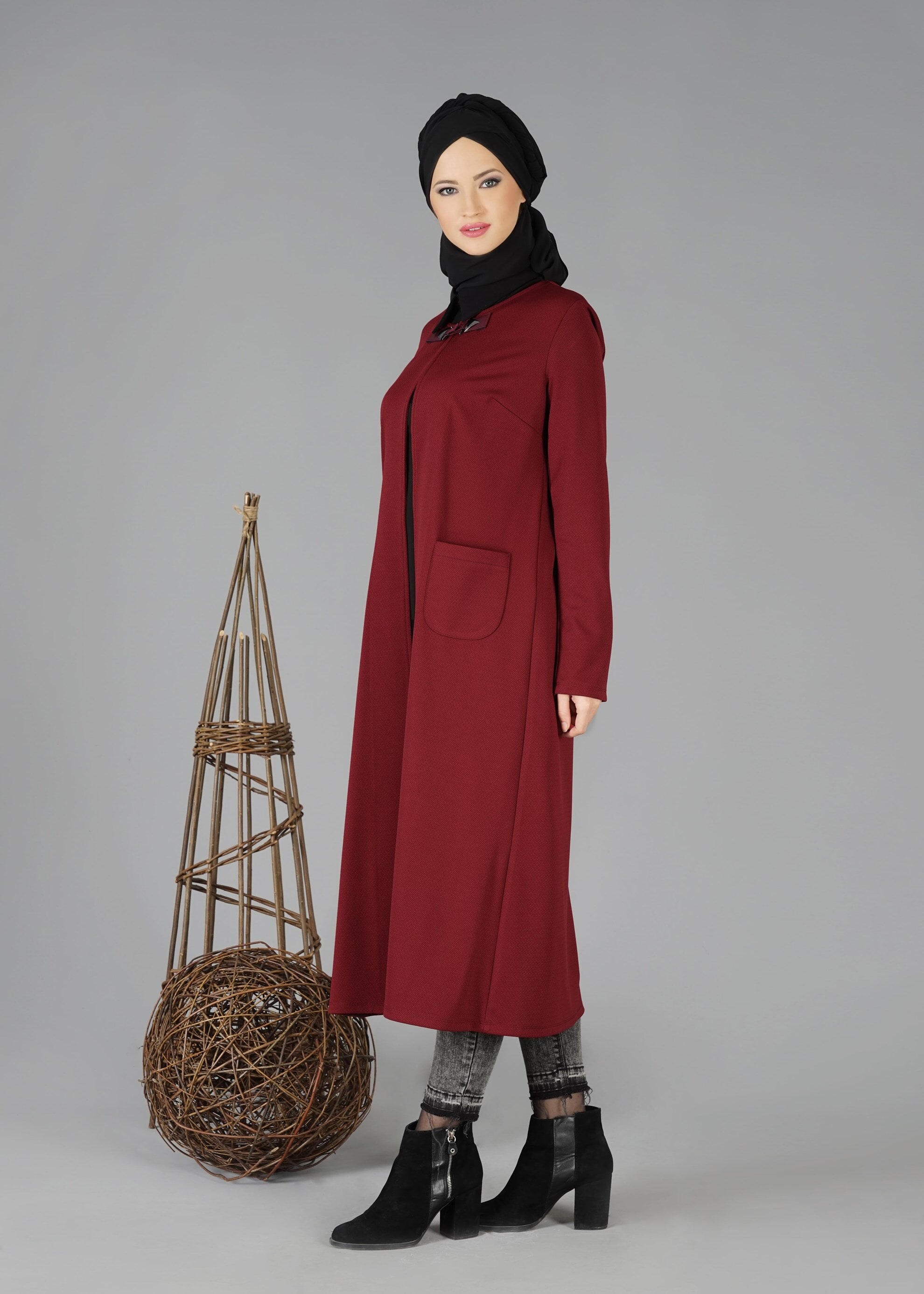 Tesettür giyim BORDO CEPLİ DÜZ CEKET 4756