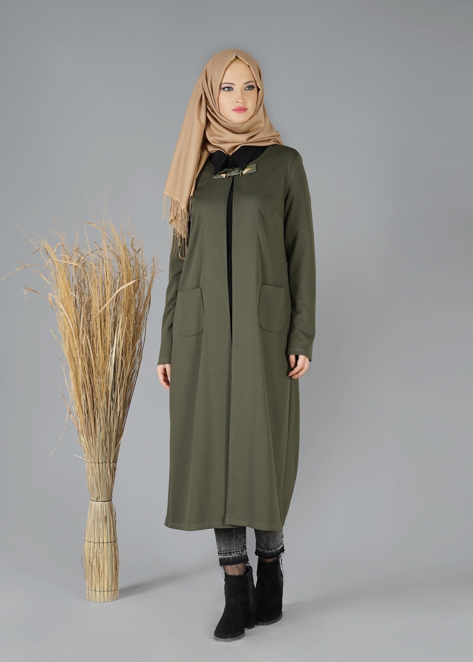 Tesettür giyim HAKİ CEPLİ DÜZ CEKET 4756