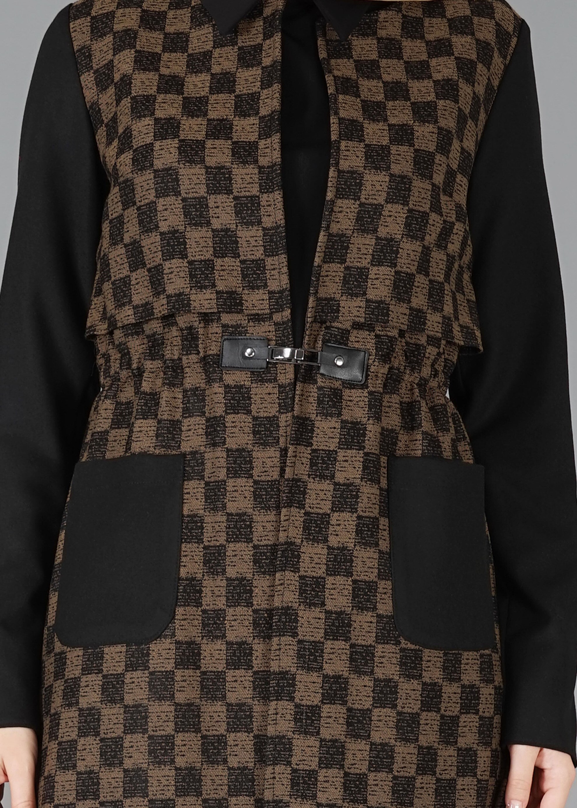 Tesettür giyim KAHVE BELİ BÜZGÜLÜ KARELİ CEKET 4784