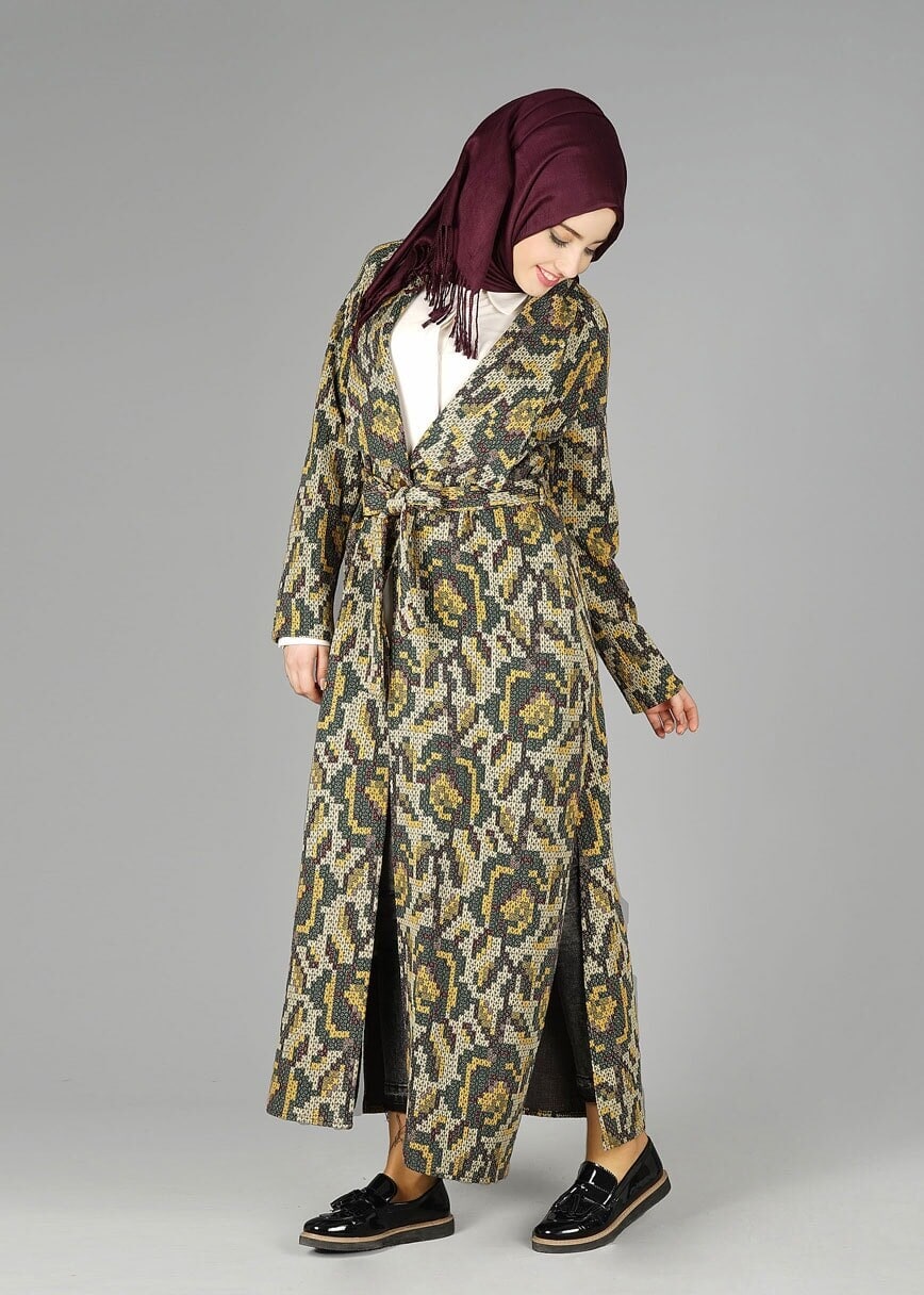 Tesettür giyim HAKİ ETNİK DESENLİ CEKET 4835