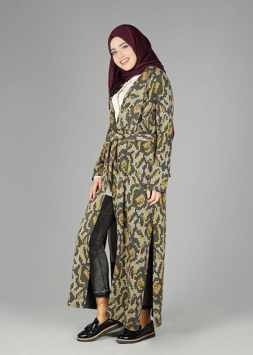 Tesettür giyim HAKİ ETNİK DESENLİ CEKET 4835