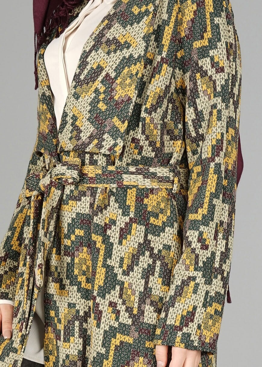 Tesettür giyim HAKİ ETNİK DESENLİ CEKET 4835