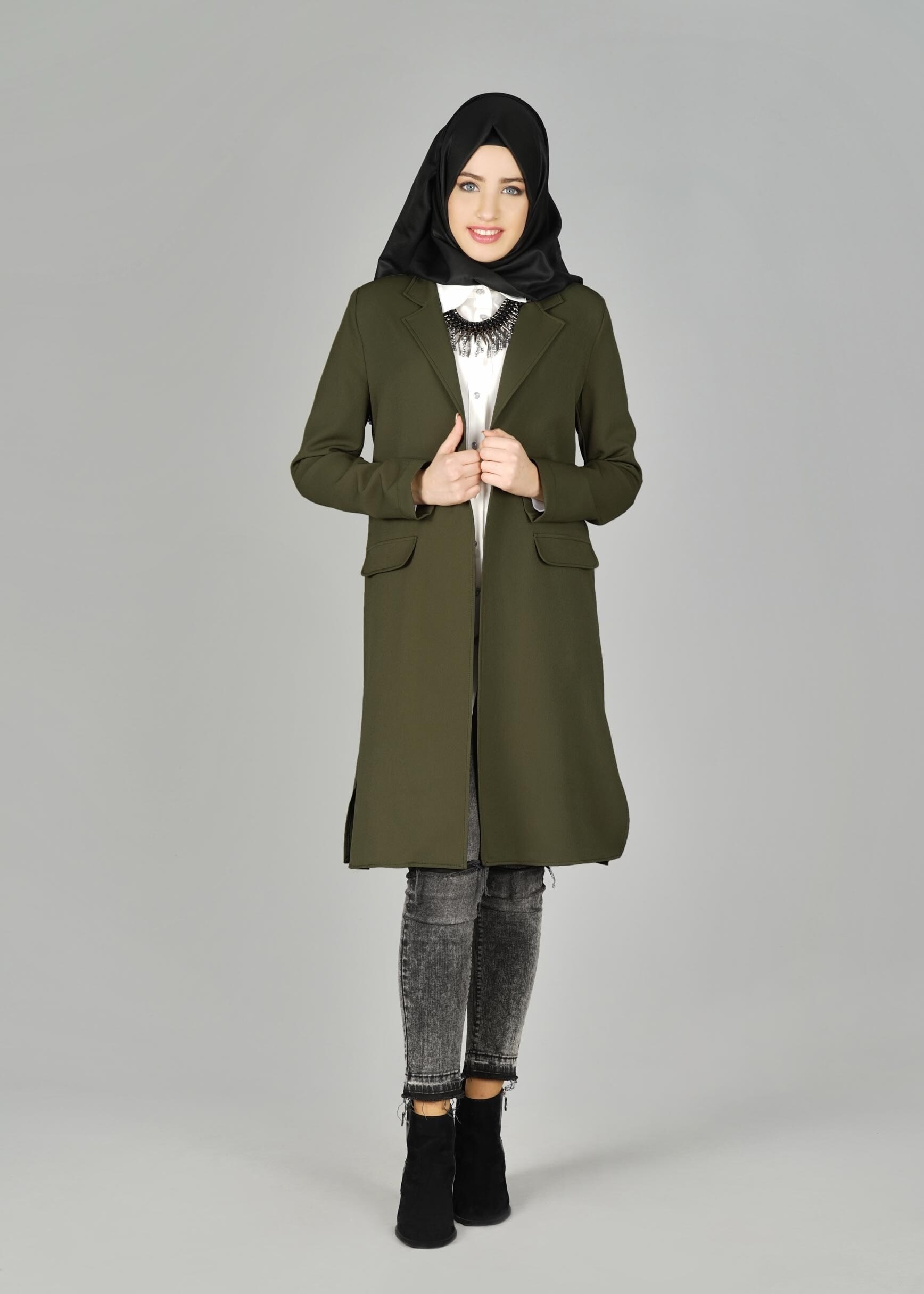 Tesettür giyim HAKİ CEP DETAYLI KLASİK CEKET 4896