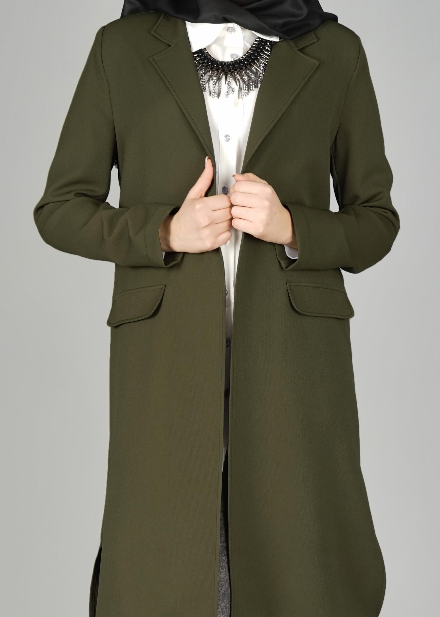 Tesettür giyim HAKİ CEP DETAYLI KLASİK CEKET 4896