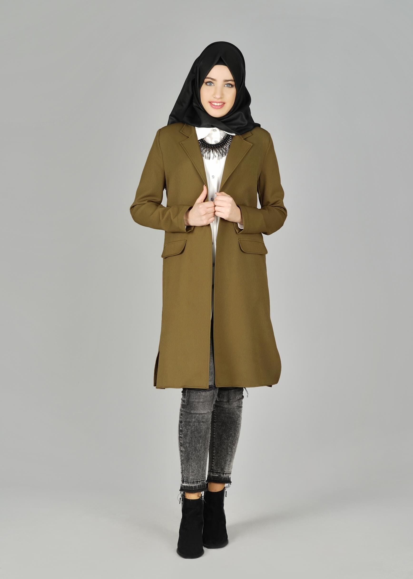 Tesettür giyim YEŞİL CEP DETAYLI KLASİK CEKET 4896