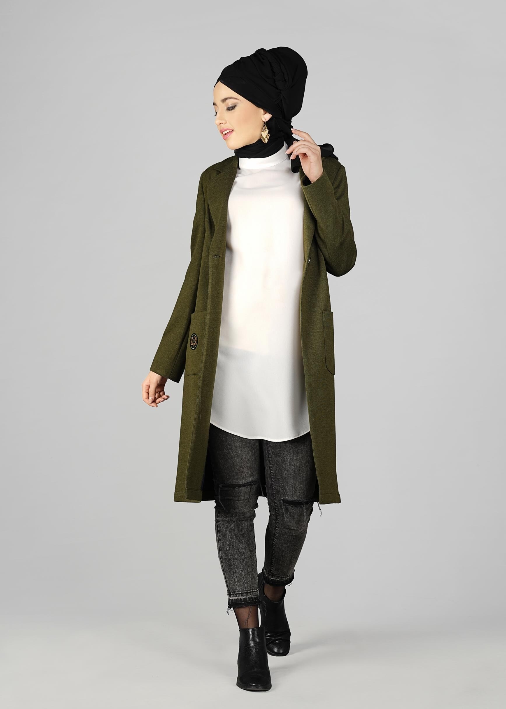 Tesettür giyim HAKİ ARMALI CEPLİ CEKET 4899