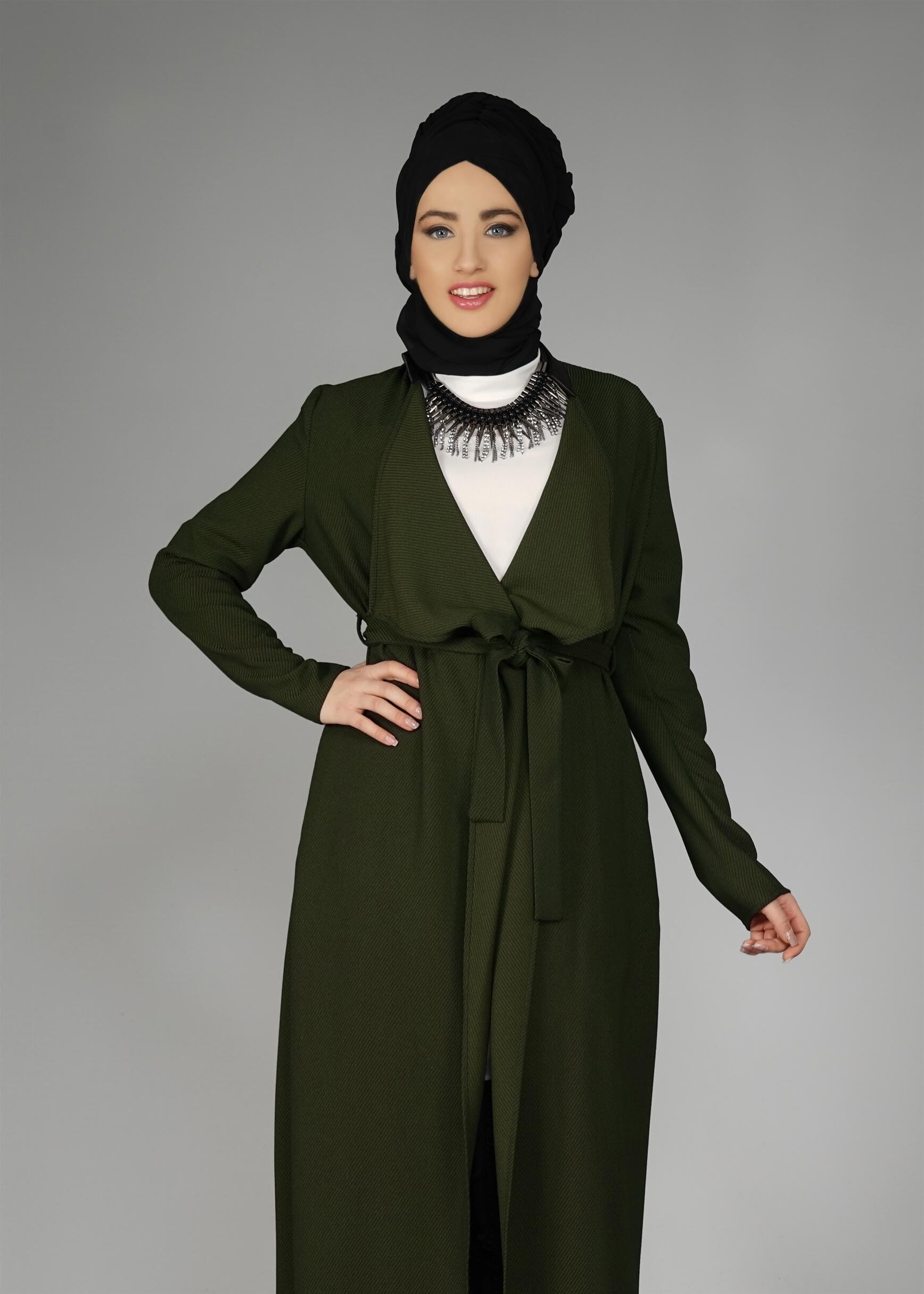 Tesettür giyim HAKİ KUŞAKLI CEKET 4932