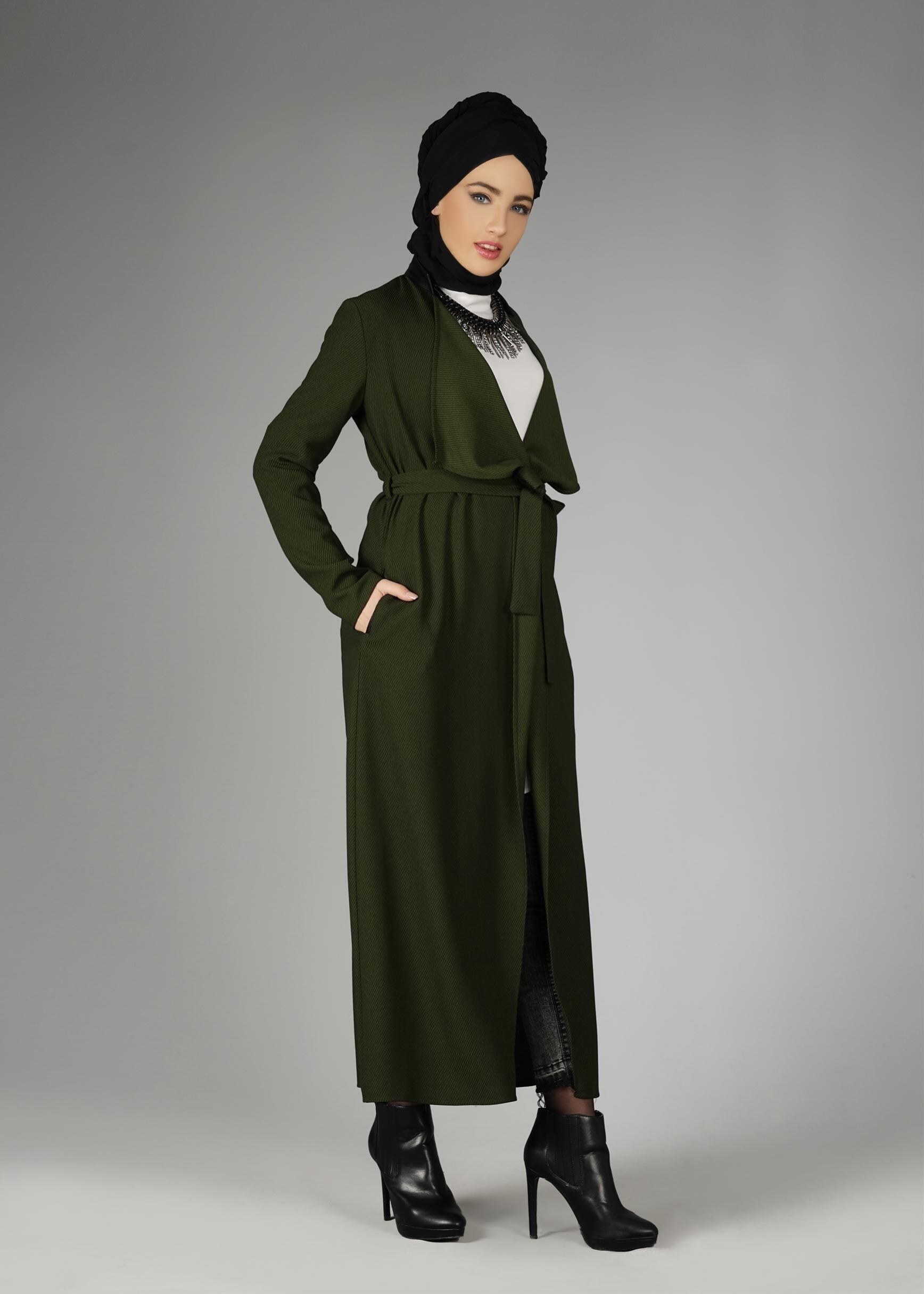 Tesettür giyim HAKİ KUŞAKLI CEKET 4932