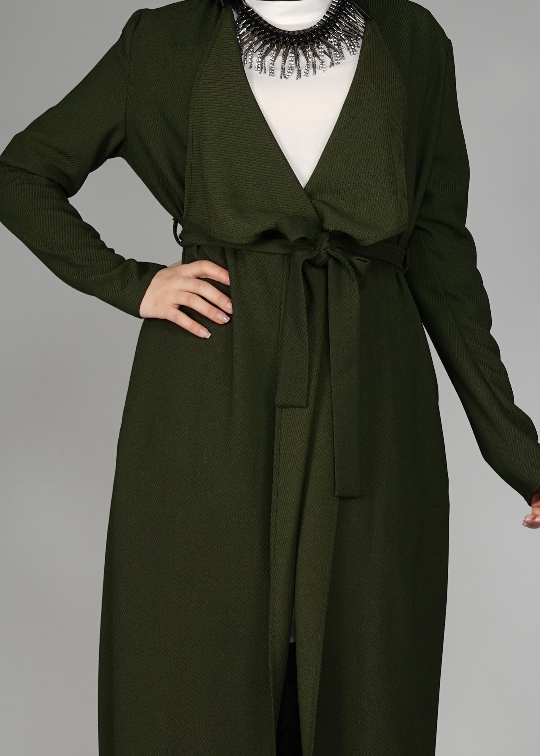 Tesettür giyim HAKİ KUŞAKLI CEKET 4932