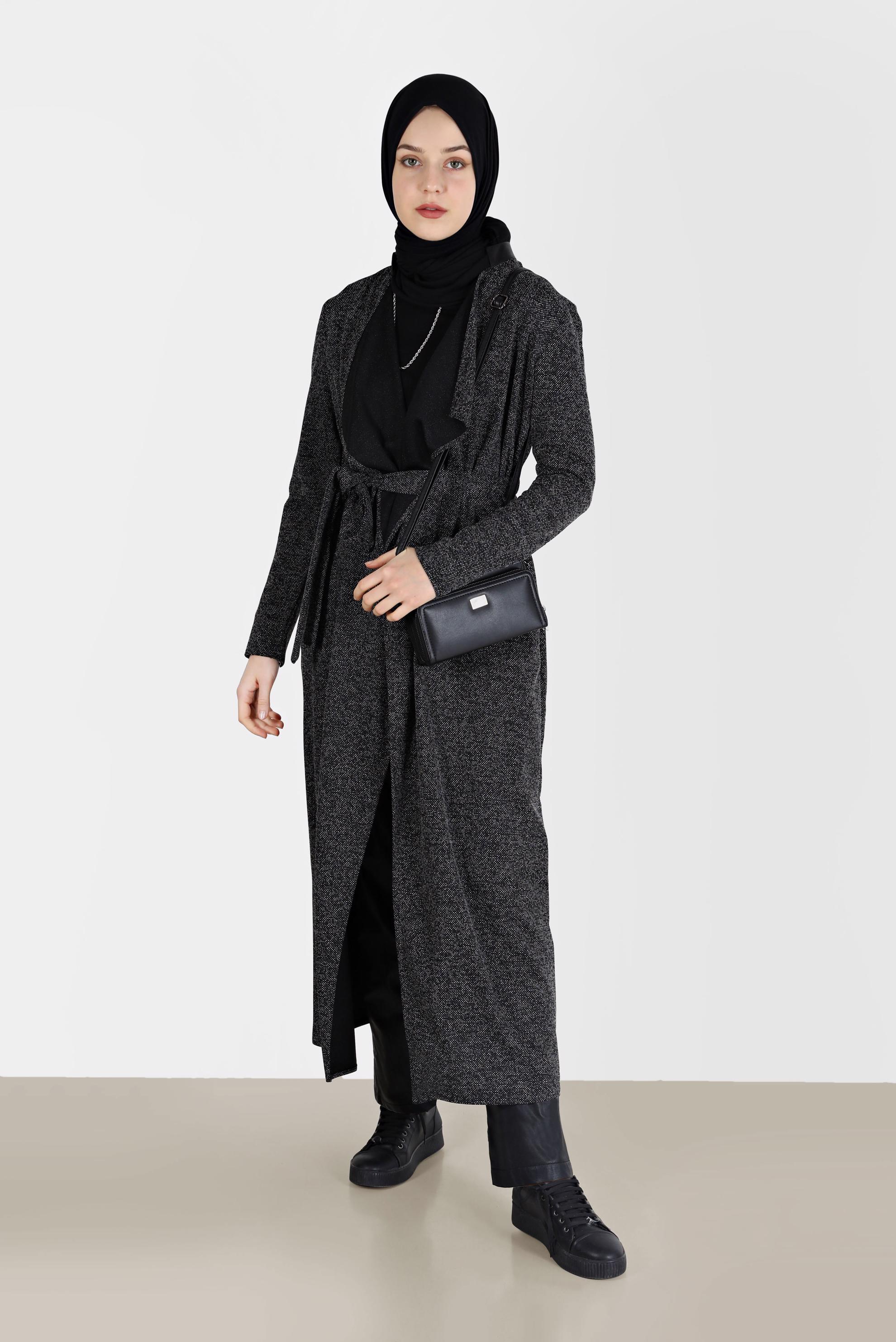 Tesettür giyim SİYAH KUŞAKLI CEPLİ CEKET 4933