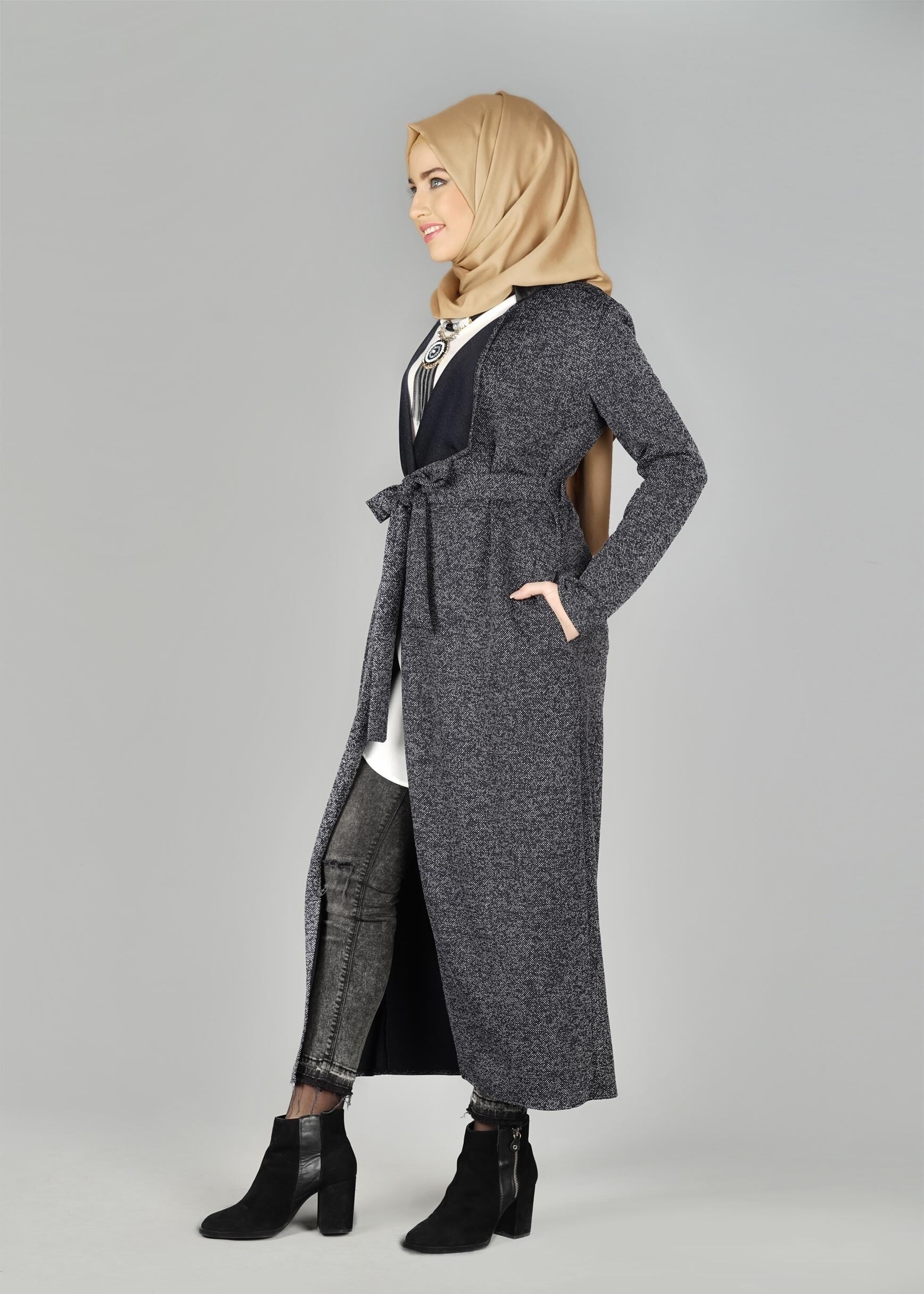 Tesettür giyim LACİVERT KUŞAKLI CEPLİ CEKET 4933