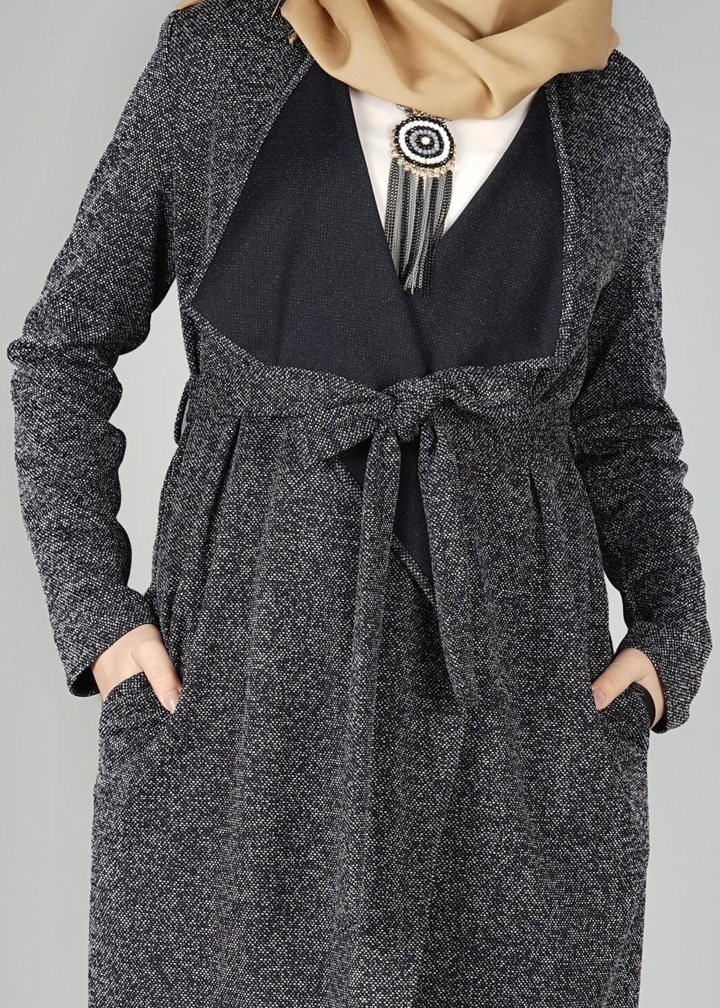 Tesettür giyim LACİVERT KUŞAKLI CEPLİ CEKET 4933