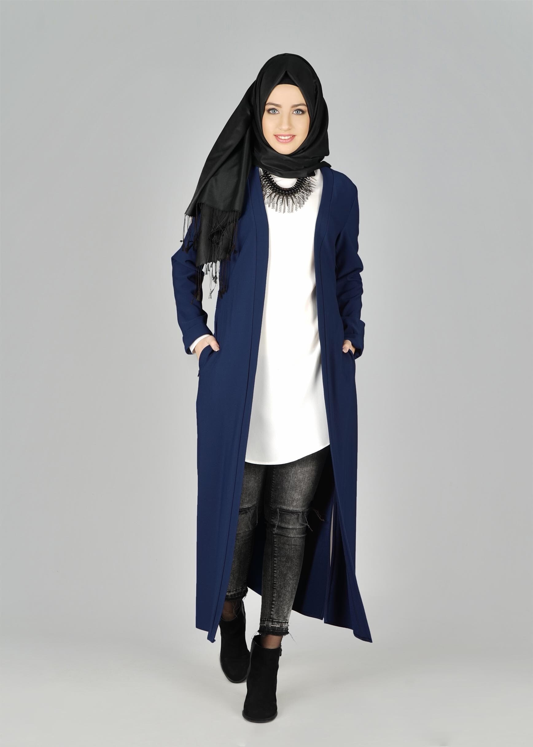 Tesettür giyim LACİVERT YIRTMAÇ DETAYLI KUŞAKLI CEKET 4934
