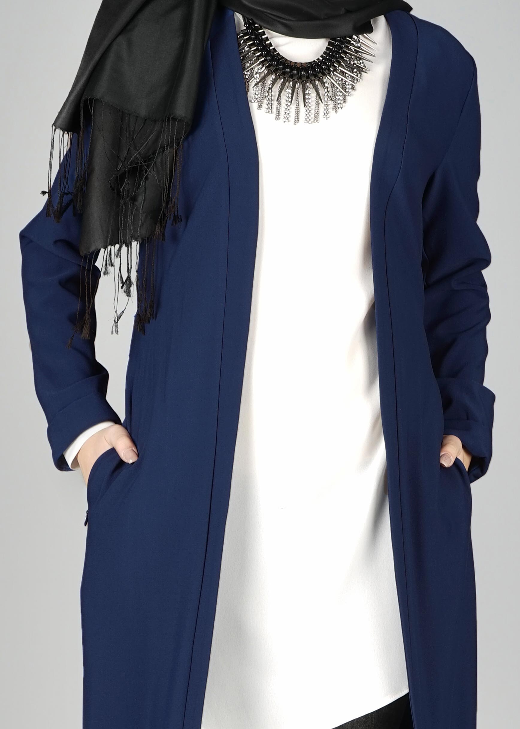 Tesettür giyim LACİVERT YIRTMAÇ DETAYLI KUŞAKLI CEKET 4934