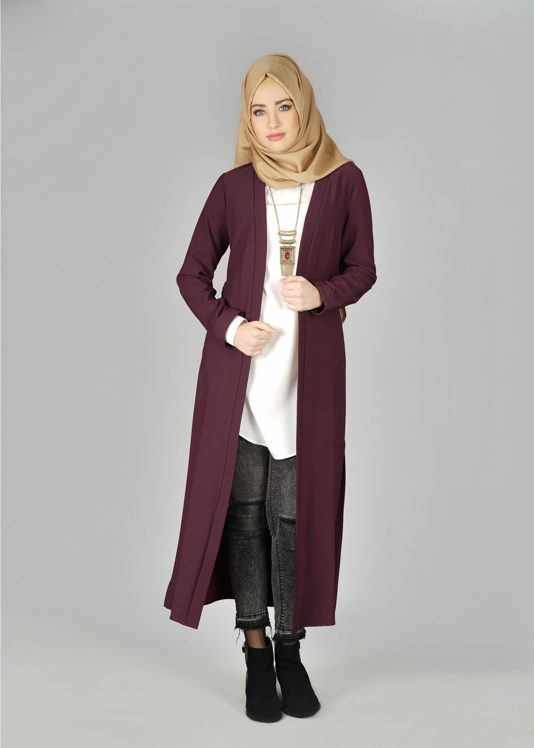Tesettür giyim BORDO YIRTMAÇ DETAYLI KUŞAKLI CEKET 4934
