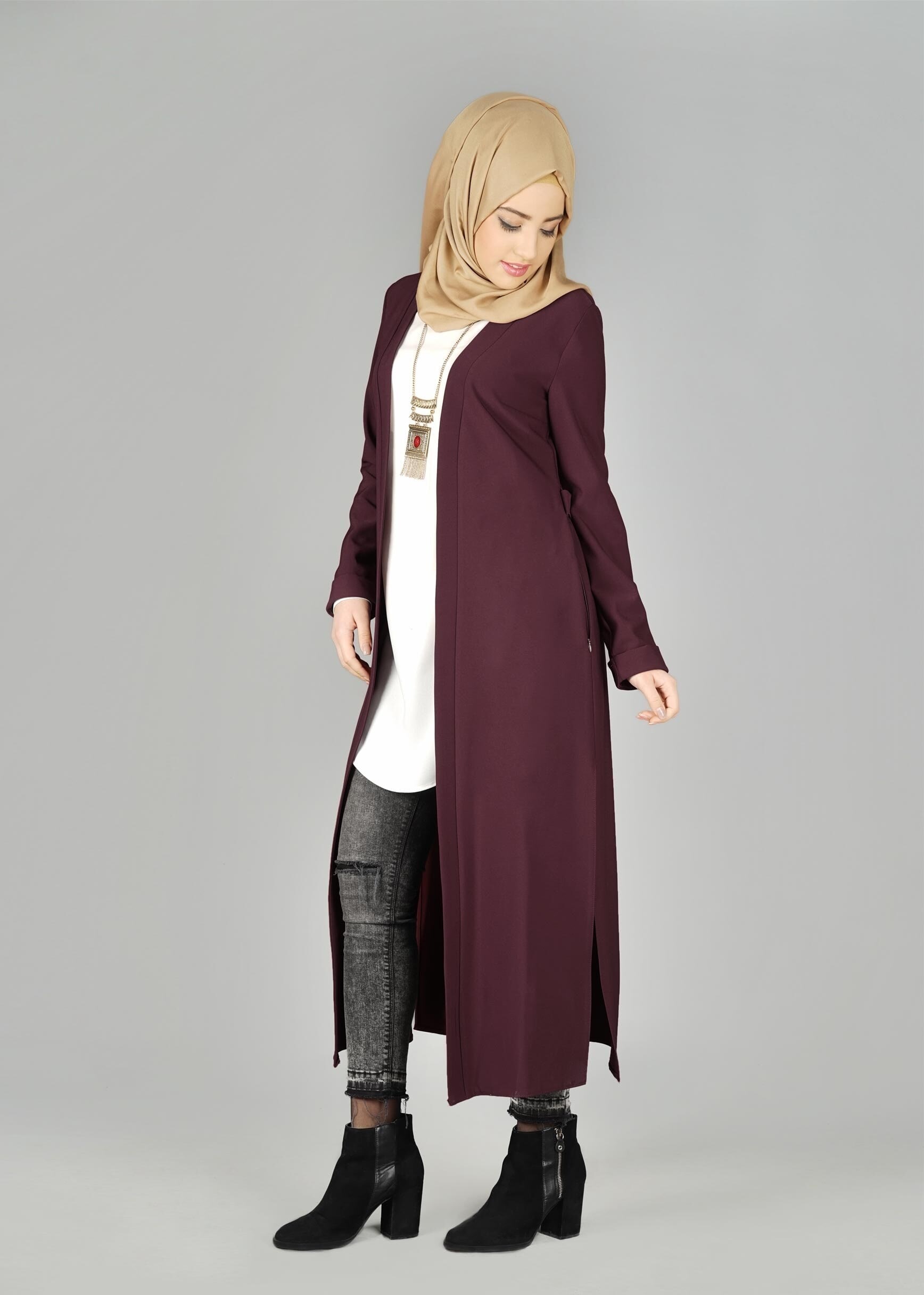Tesettür giyim BORDO YIRTMAÇ DETAYLI KUŞAKLI CEKET 4934