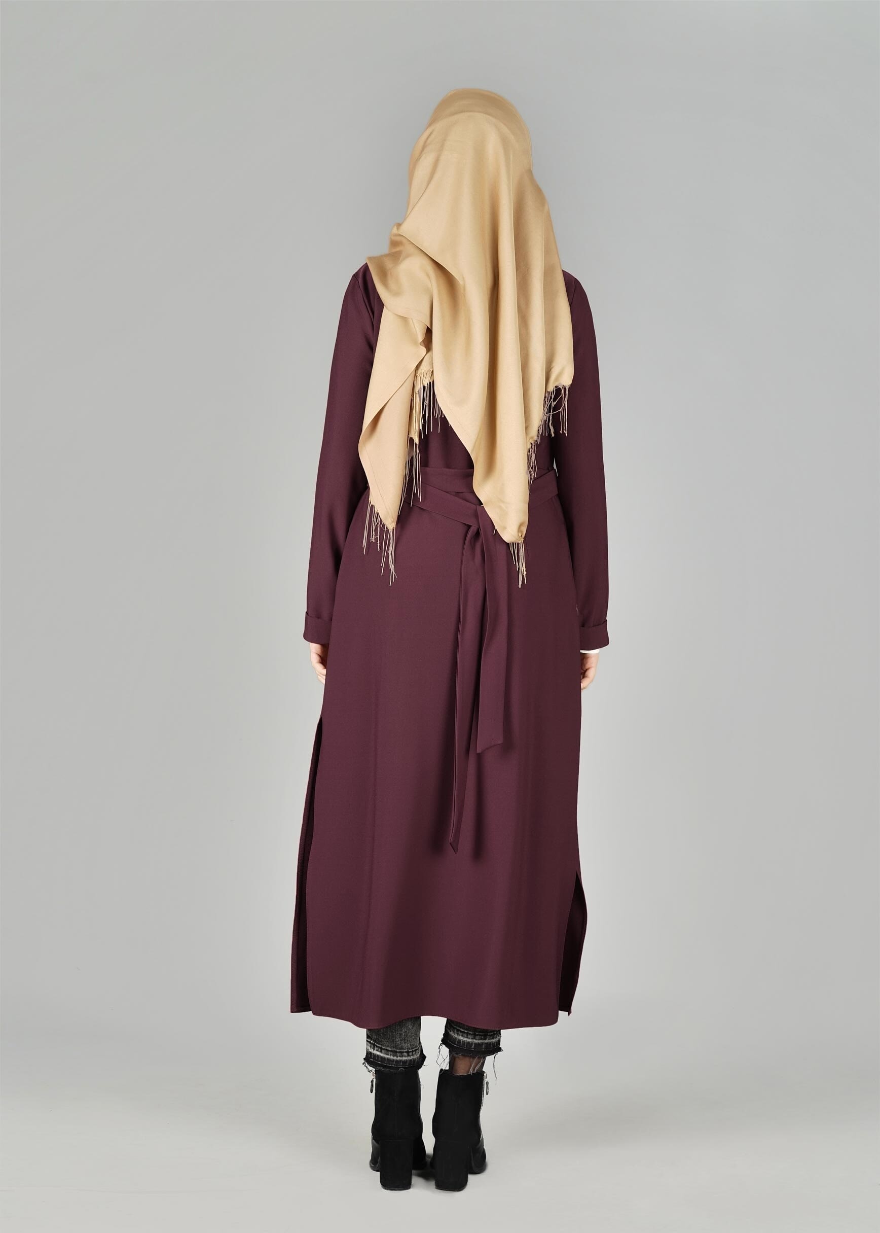 Tesettür giyim BORDO YIRTMAÇ DETAYLI KUŞAKLI CEKET 4934