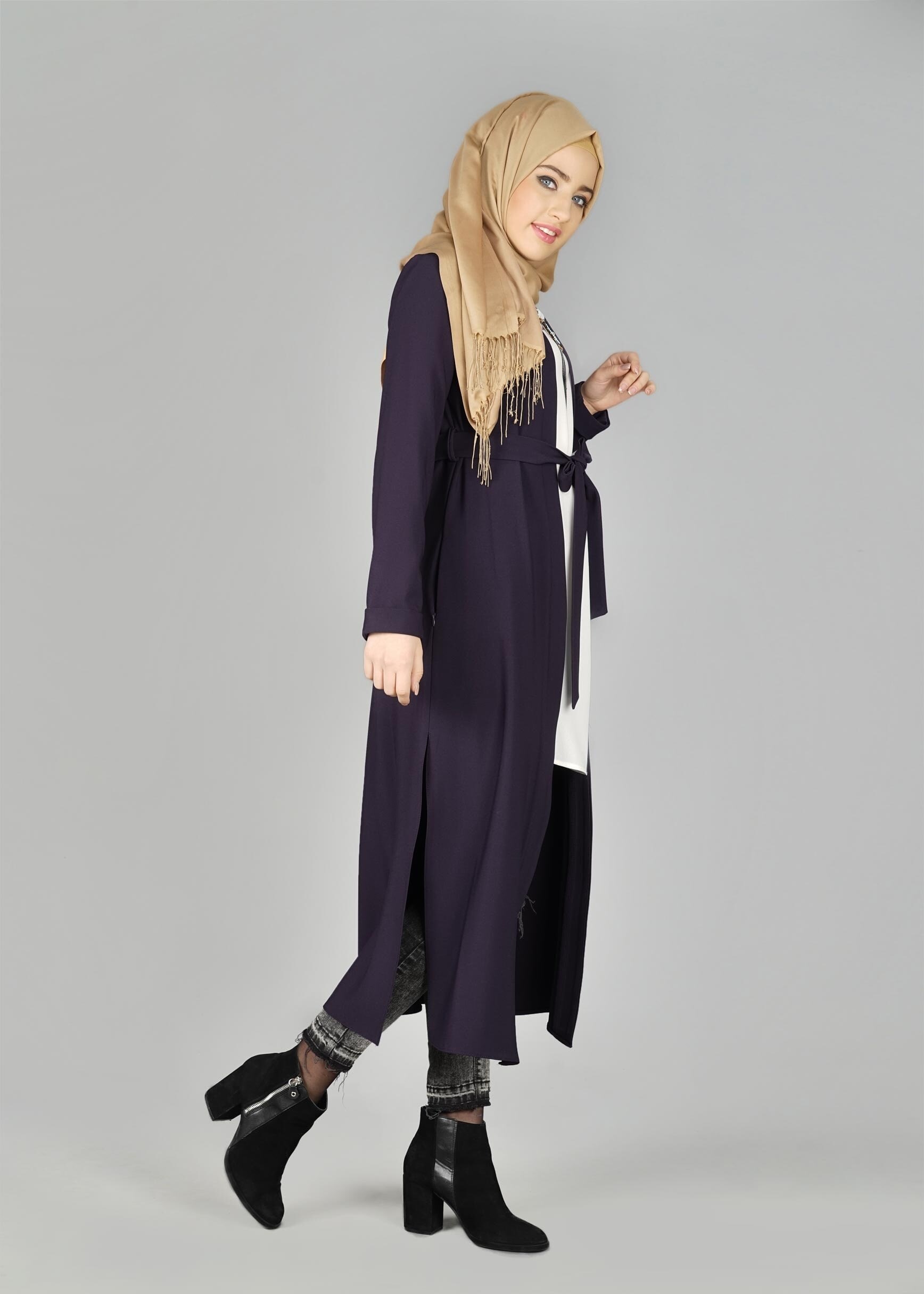 Tesettür giyim MÜRDÜM YIRTMAÇ DETAYLI KUŞAKLI CEKET 4934