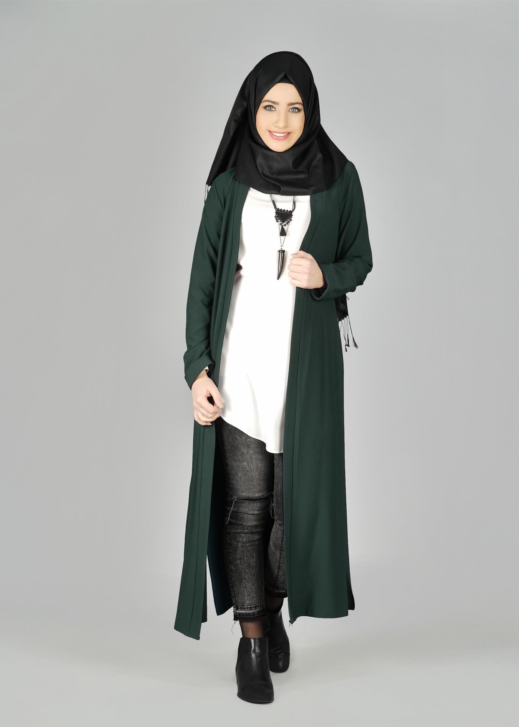 Tesettür giyim YEŞİL YIRTMAÇ DETAYLI KUŞAKLI CEKET 4934