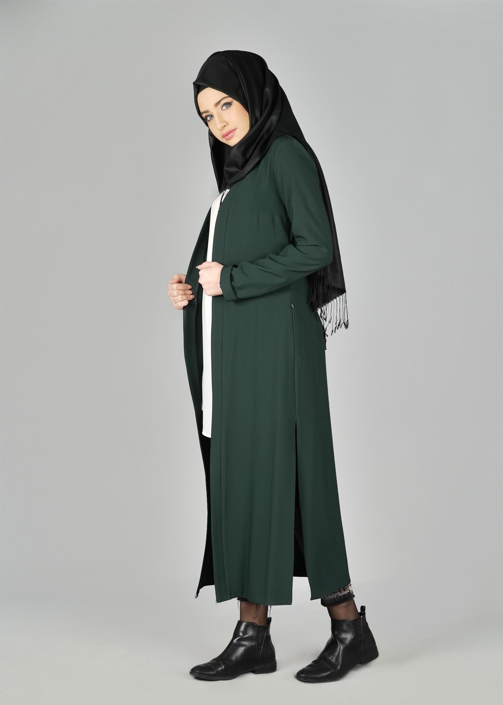 Tesettür giyim YEŞİL YIRTMAÇ DETAYLI KUŞAKLI CEKET 4934