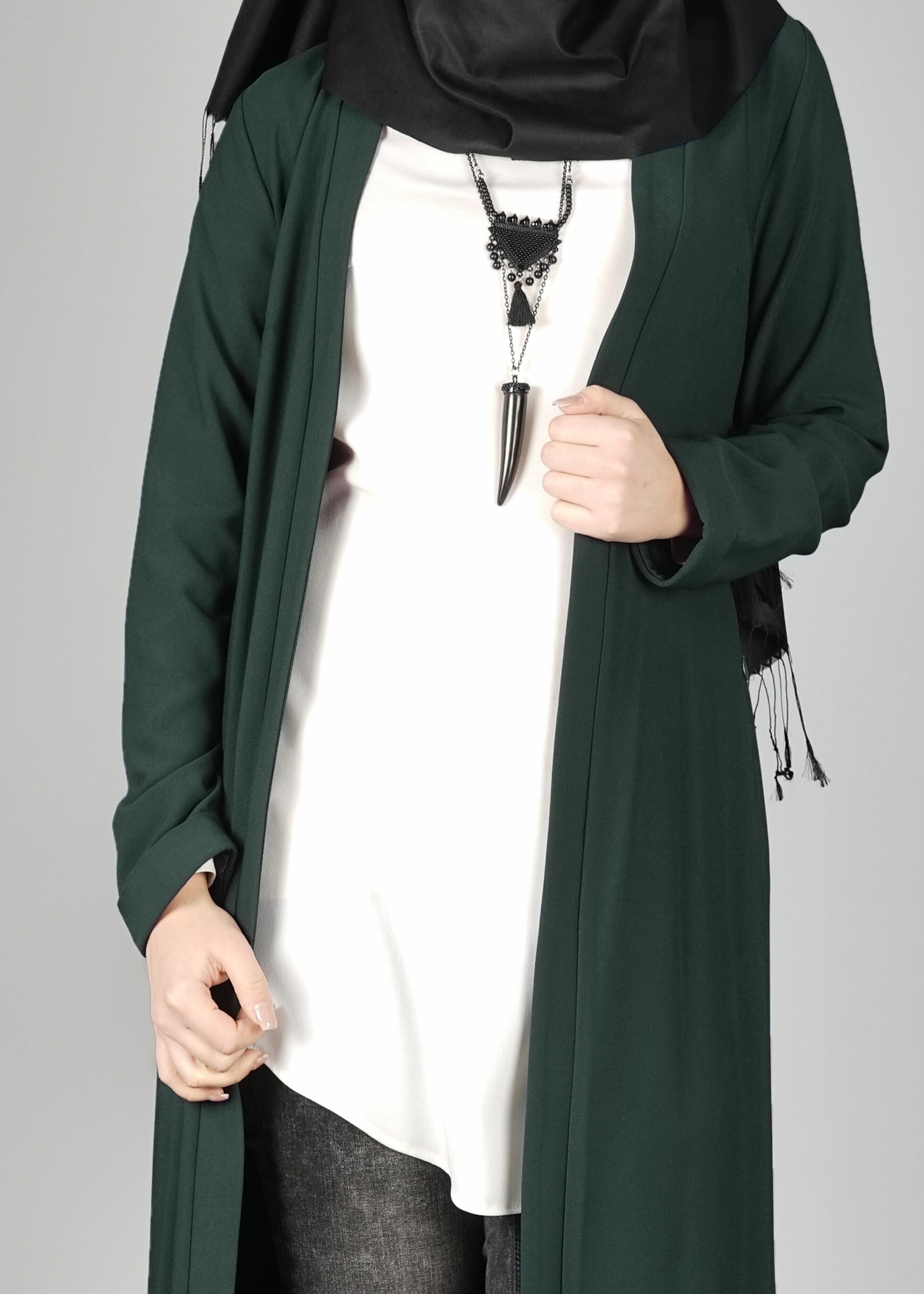 Tesettür giyim YEŞİL YIRTMAÇ DETAYLI KUŞAKLI CEKET 4934