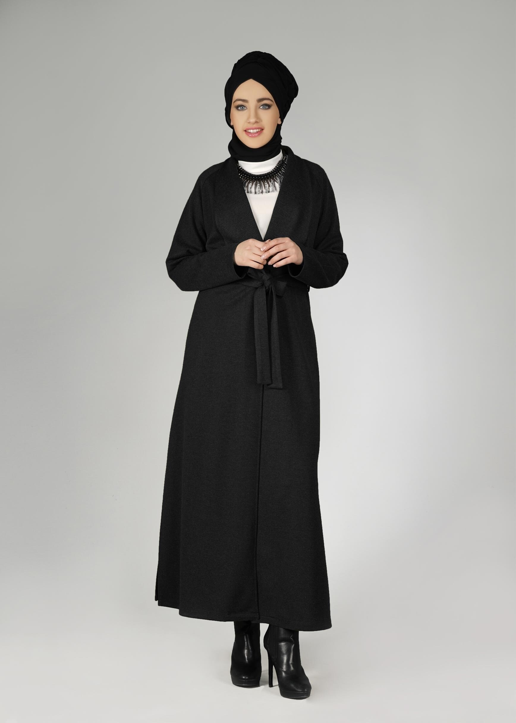 Tesettür giyim SİYAH GENİŞ YAKA KUŞAKLI CEKET 4944