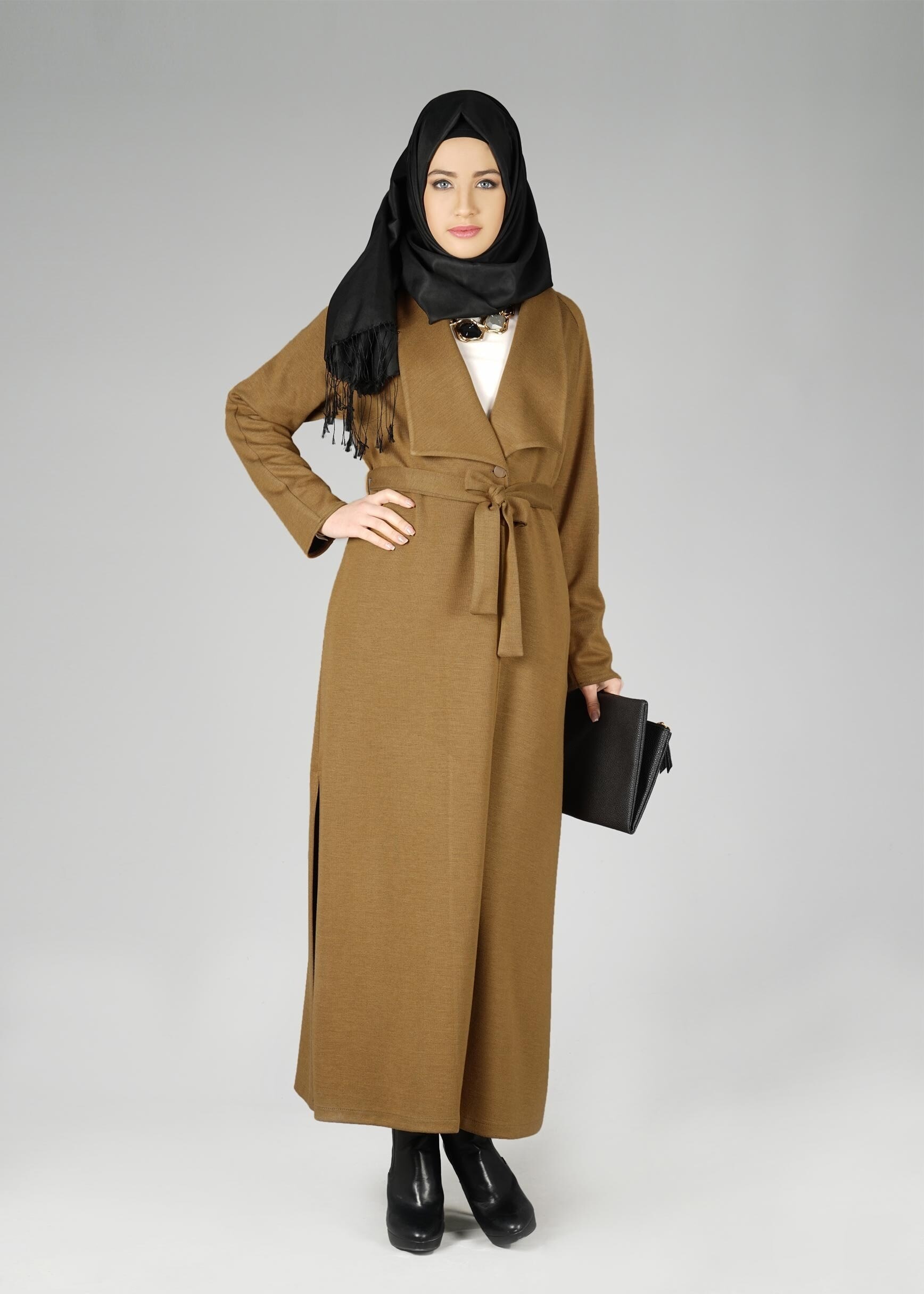 Tesettür giyim KAHVE GENİŞ YAKA KUŞAKLI CEKET 4944